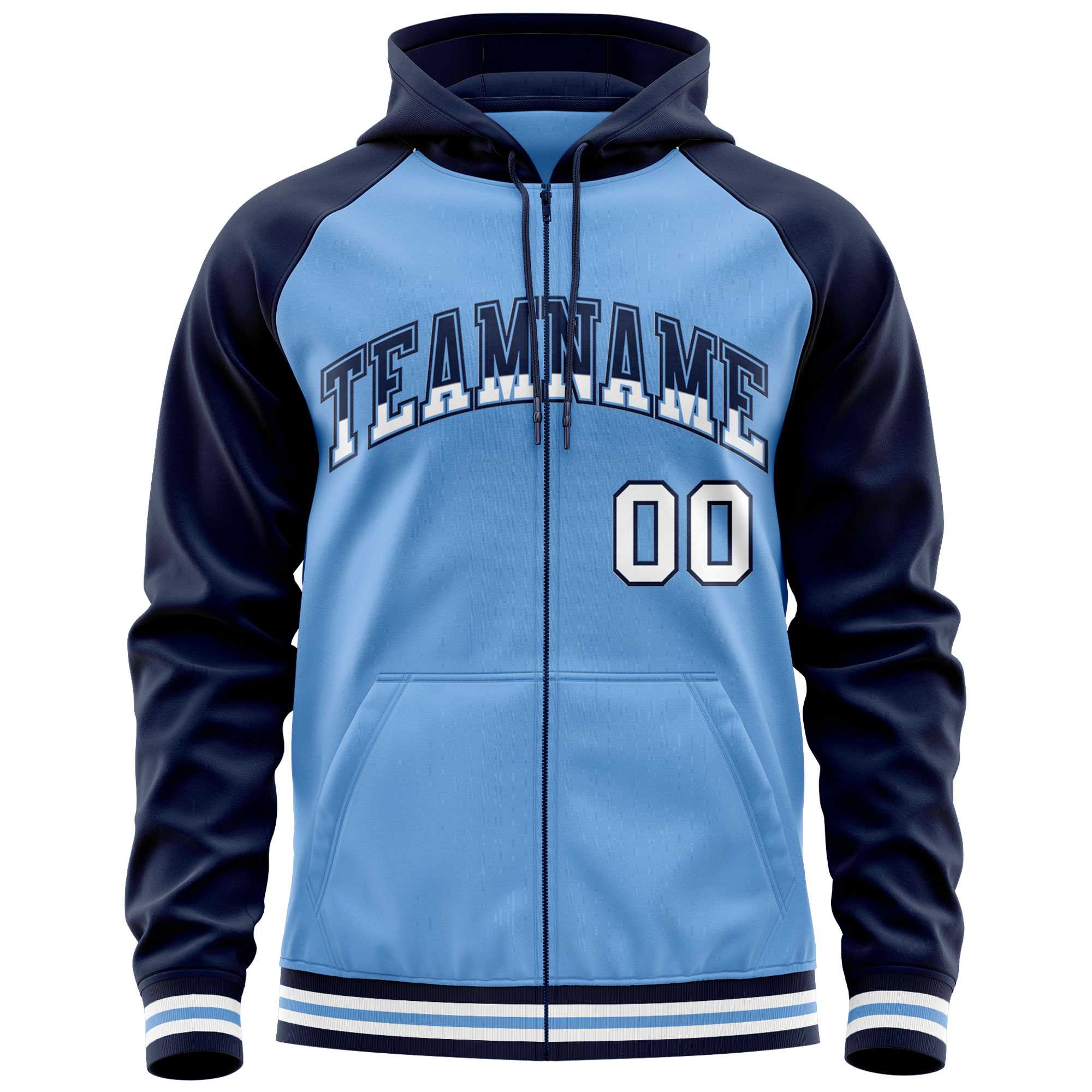 Custom Stitched Powder Blue Navy Raglan Sleeves Sports Full-Zip Sweatshirt Hoodie