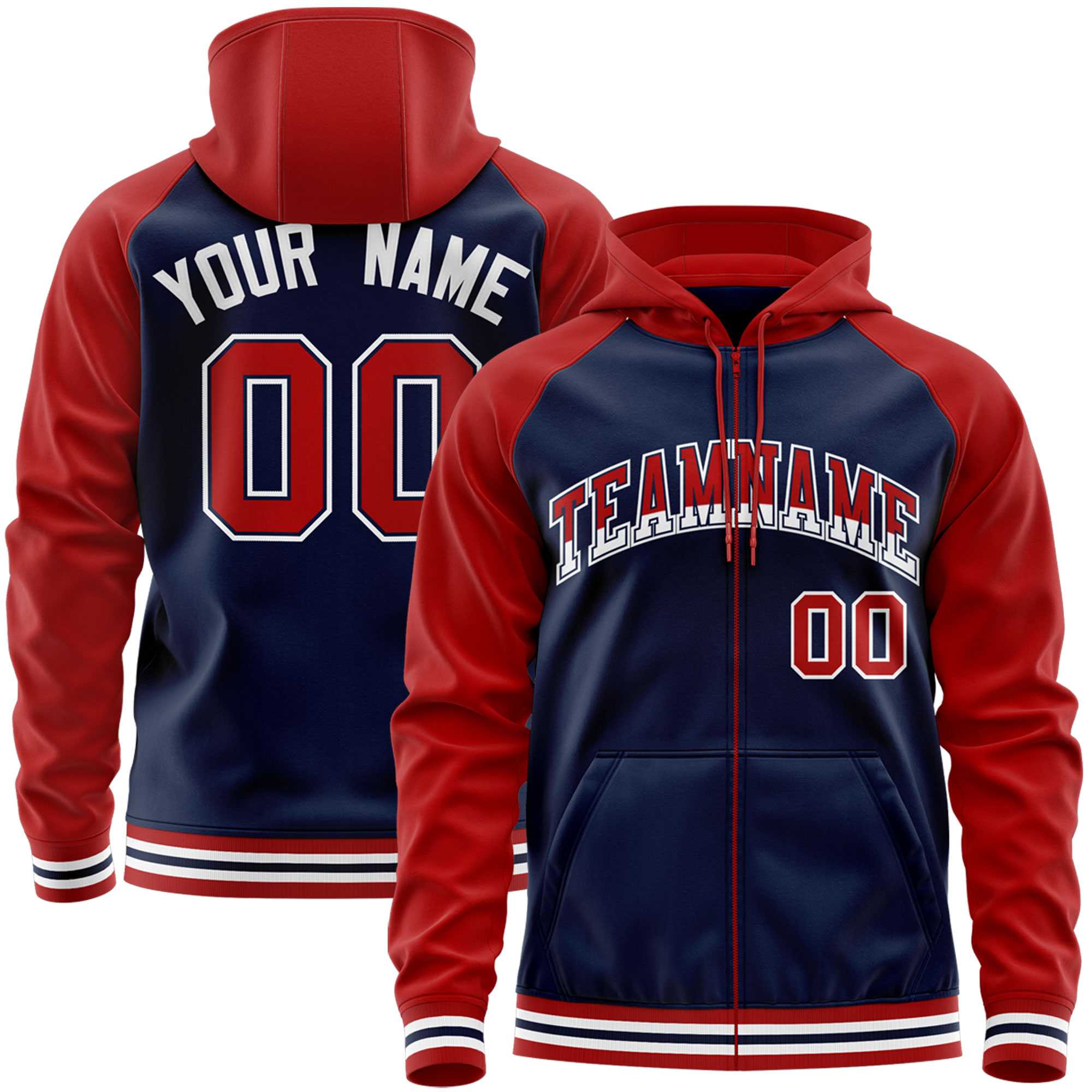 Custom Stitched Navy Red Raglan Sleeves Sports Full-Zip Sweatshirt Hoodie