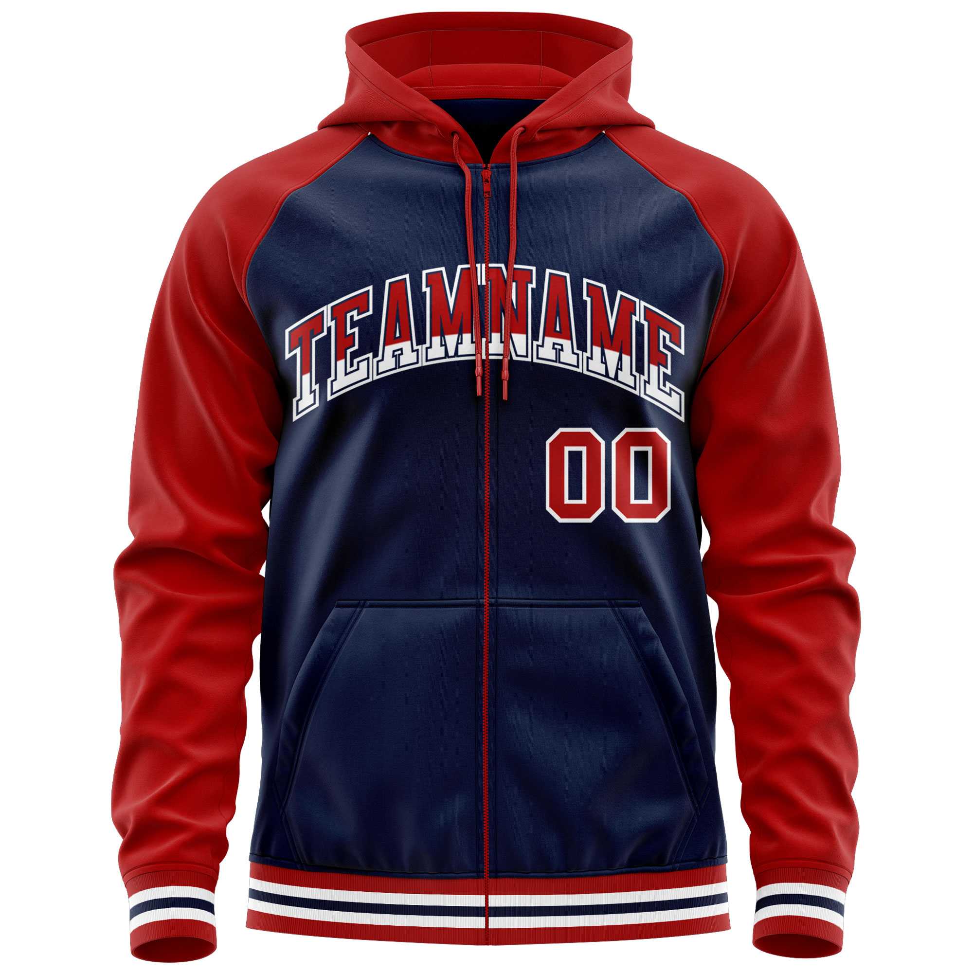 Custom Stitched Navy Red Raglan Sleeves Sports Full-Zip Sweatshirt Hoodie