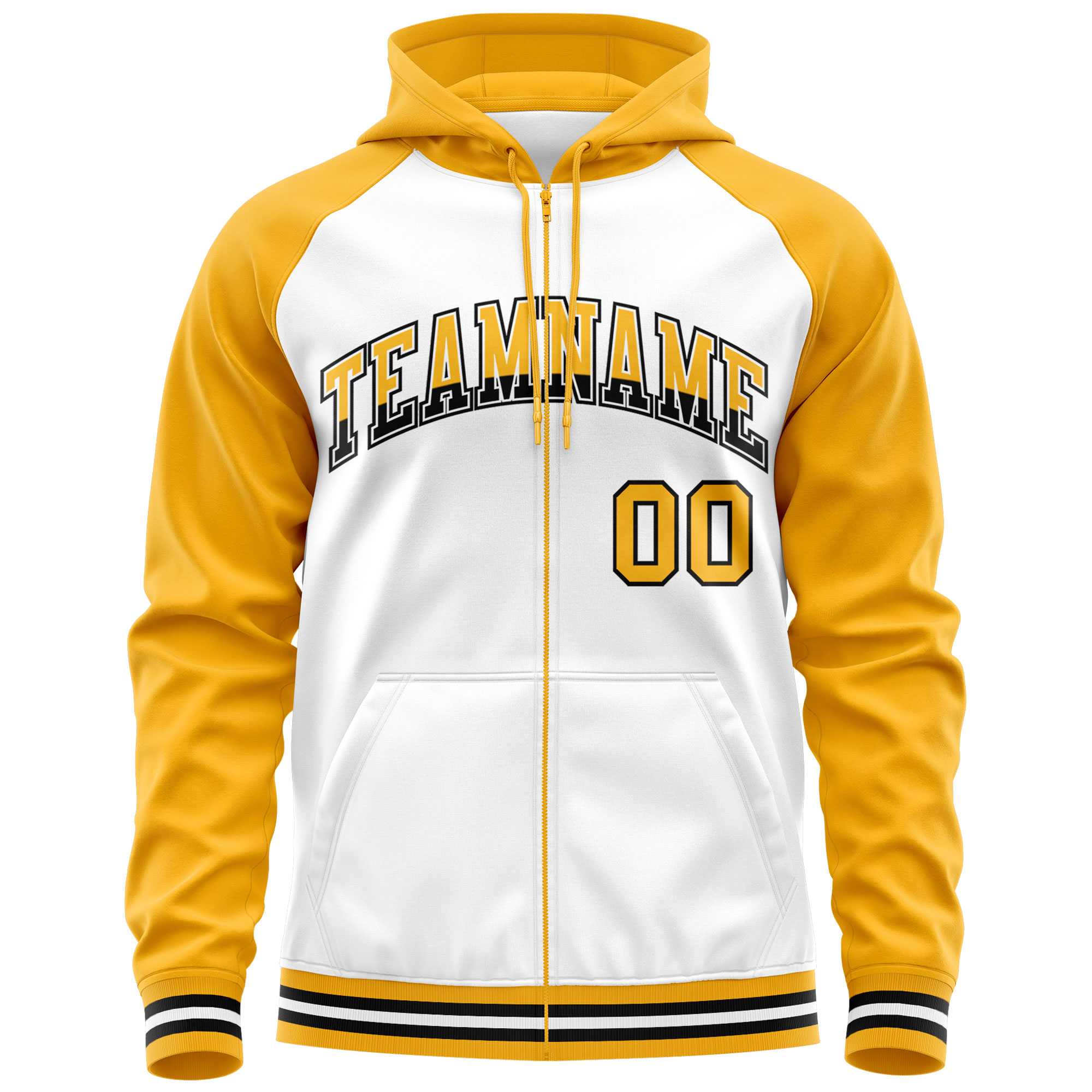 Custom Stitched White Yellow Raglan Sleeves Sports Full-Zip Sweatshirt Hoodie