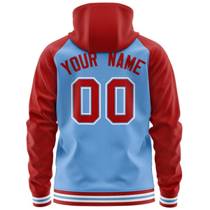 Custom Stitched Powder Blue Red Raglan Sleeves Sports Full-Zip Sweatshirt Hoodie