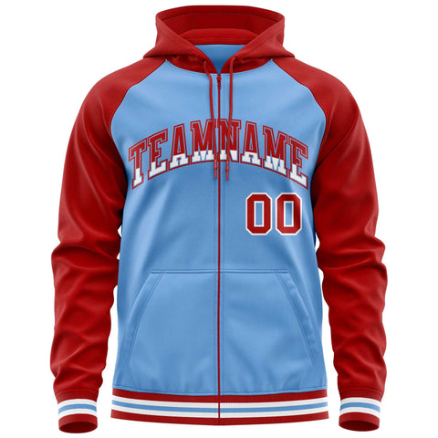 Custom Stitched Powder Blue Red Raglan Sleeves Sports Full-Zip Sweatshirt Hoodie
