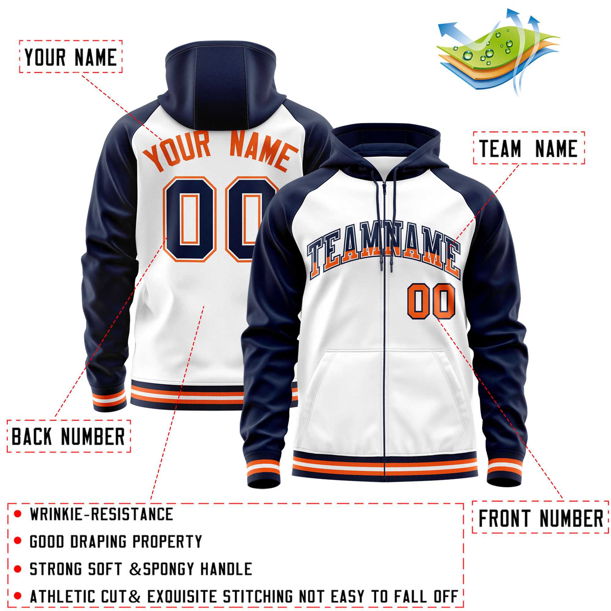 Custom Stitched White Navy Raglan Sleeves Sports Full-Zip Sweatshirt Hoodie