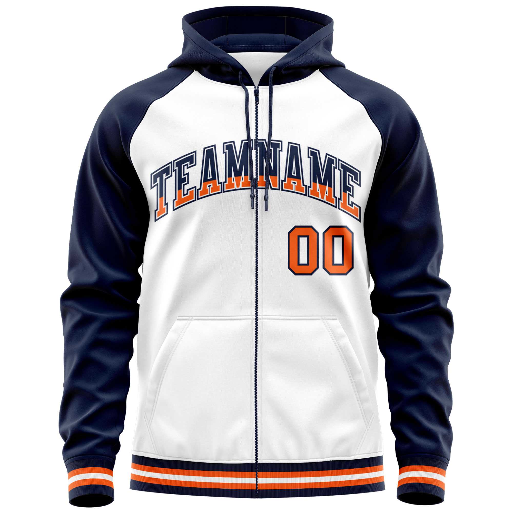 Custom Stitched White Navy Raglan Sleeves Sports Full-Zip Sweatshirt Hoodie