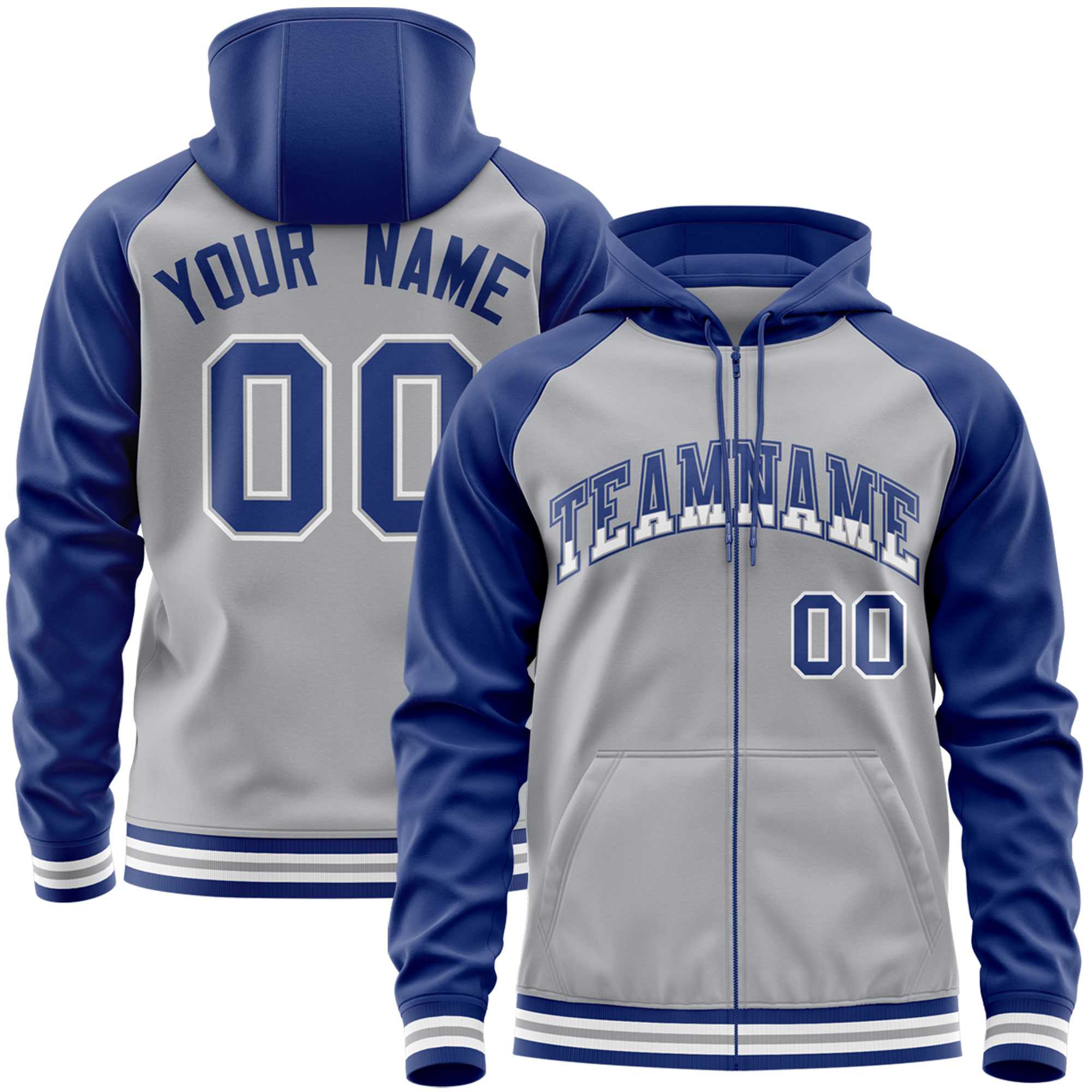 Custom Stitched Gray Royal Raglan Sleeves Sports Full-Zip Sweatshirt Hoodie