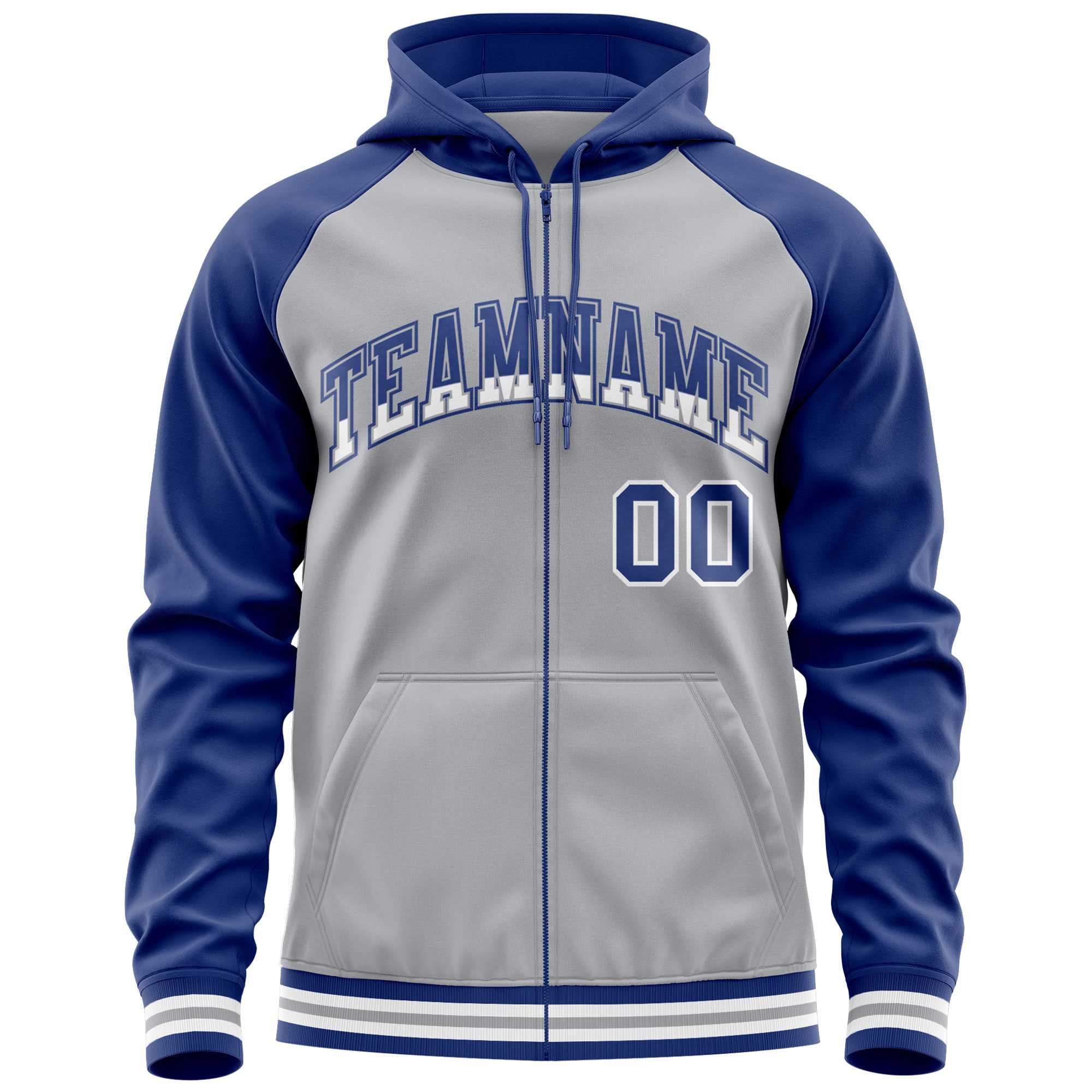 Custom Stitched Gray Royal Raglan Sleeves Sports Full-Zip Sweatshirt Hoodie