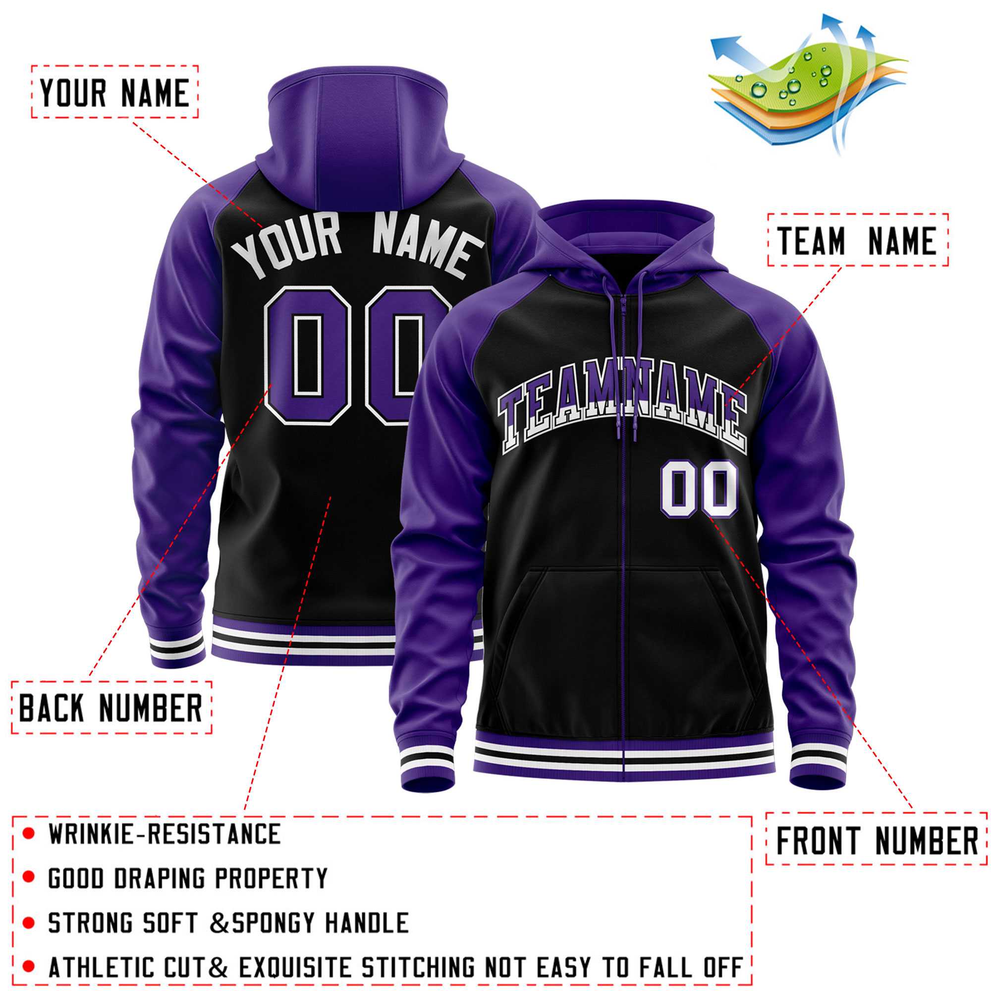 Custom Stitched Black Purple Raglan Sleeves Sports Full-Zip Sweatshirt Hoodie