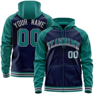 Custom Stitched Navy Aqua Raglan Sleeves Sports Full-Zip Sweatshirt Hoodie