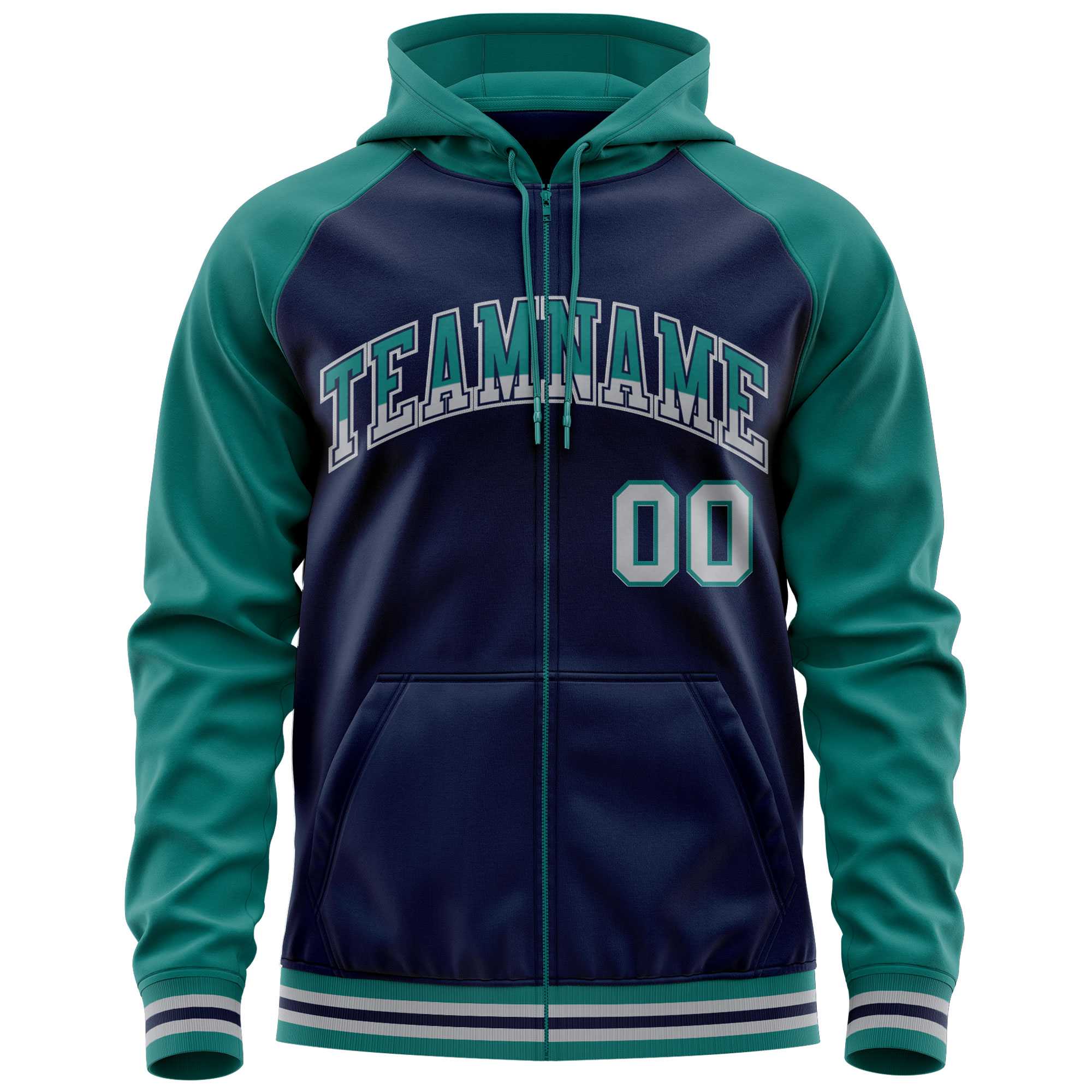 Custom Stitched Navy Aqua Raglan Sleeves Sports Full-Zip Sweatshirt Hoodie