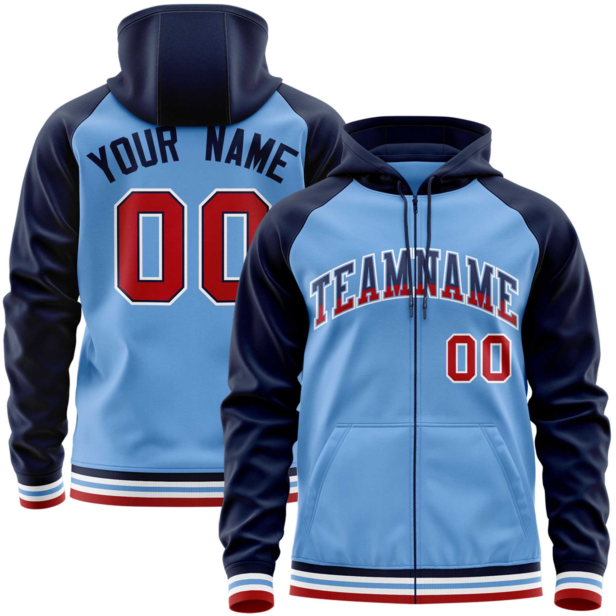 Custom Stitched Powder Blue Navy Raglan Sleeves Sports Full-Zip Sweatshirt Hoodie