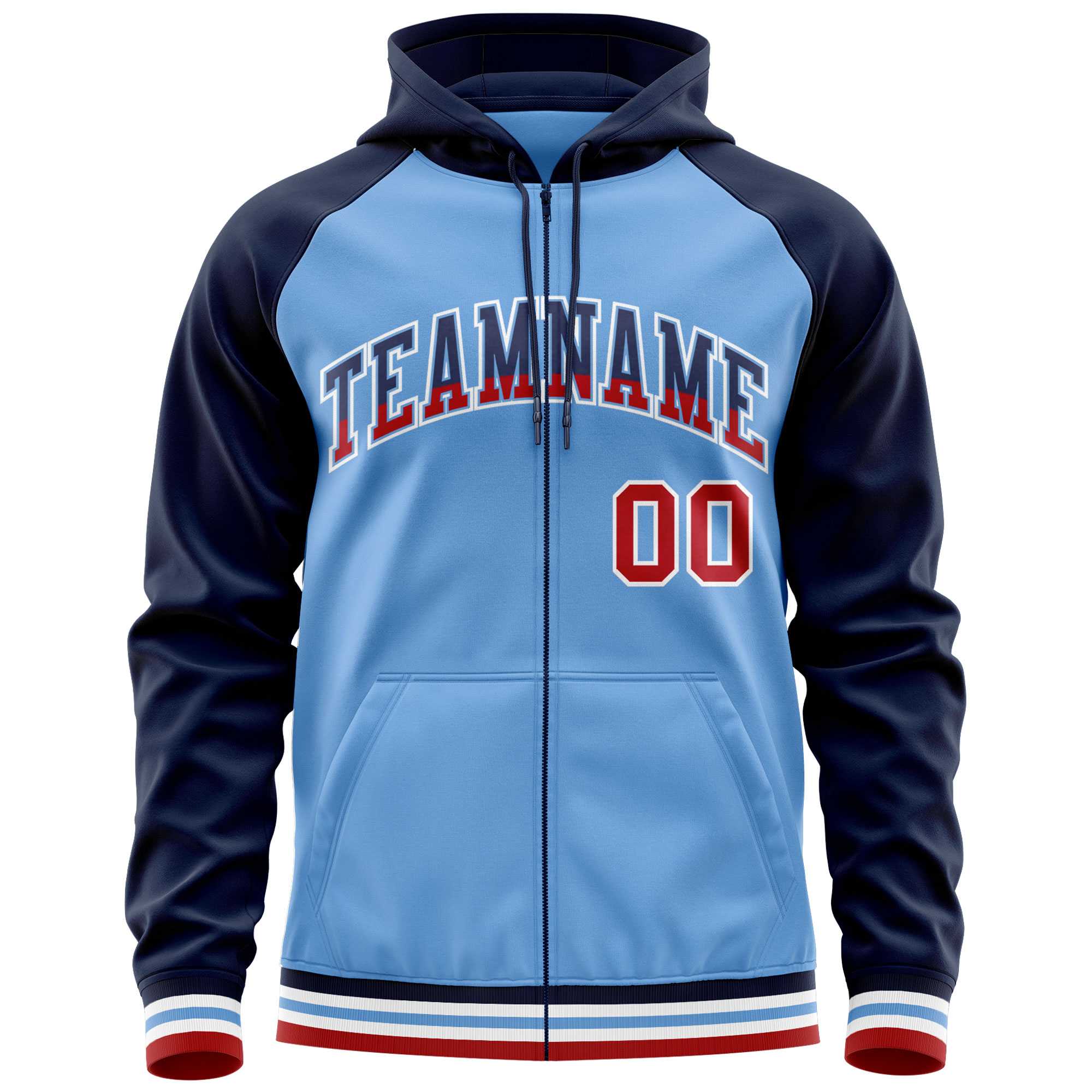 Custom Stitched Powder Blue Navy Raglan Sleeves Sports Full-Zip Sweatshirt Hoodie