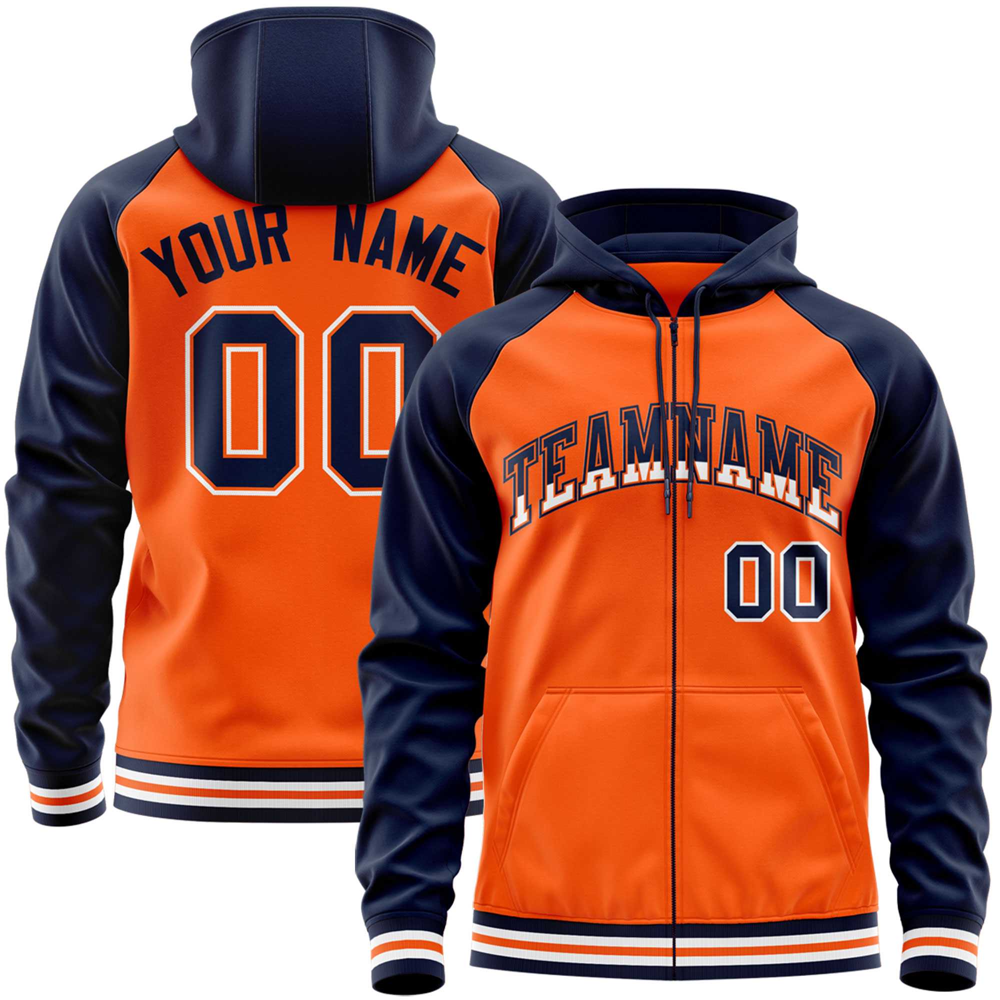 Custom Stitched Orange Navy Raglan Sleeves Sports Full-Zip Sweatshirt Hoodie