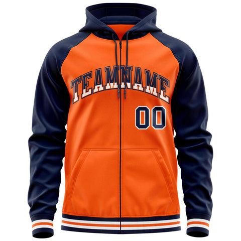 Custom Stitched Orange Navy Raglan Sleeves Sports Full-Zip Sweatshirt Hoodie