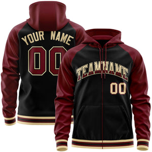 Custom Stitched Black Crimson Raglan Sleeves Sports Full-Zip Sweatshirt Hoodie