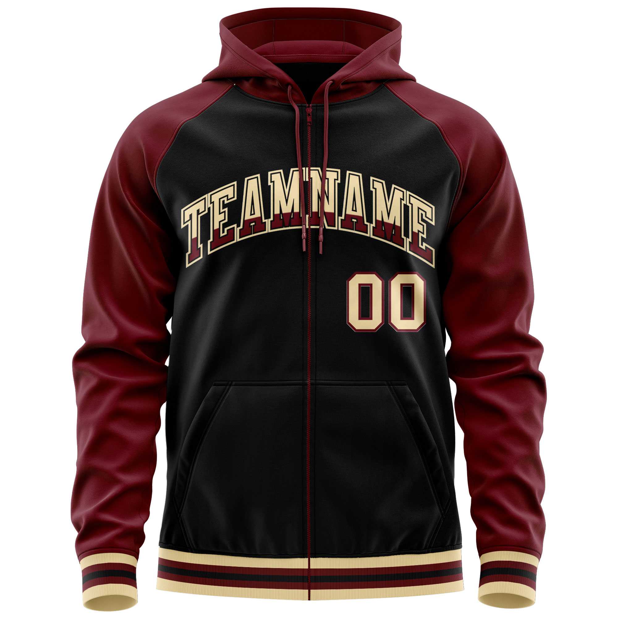 Custom Stitched Black Crimson Raglan Sleeves Sports Full-Zip Sweatshirt Hoodie