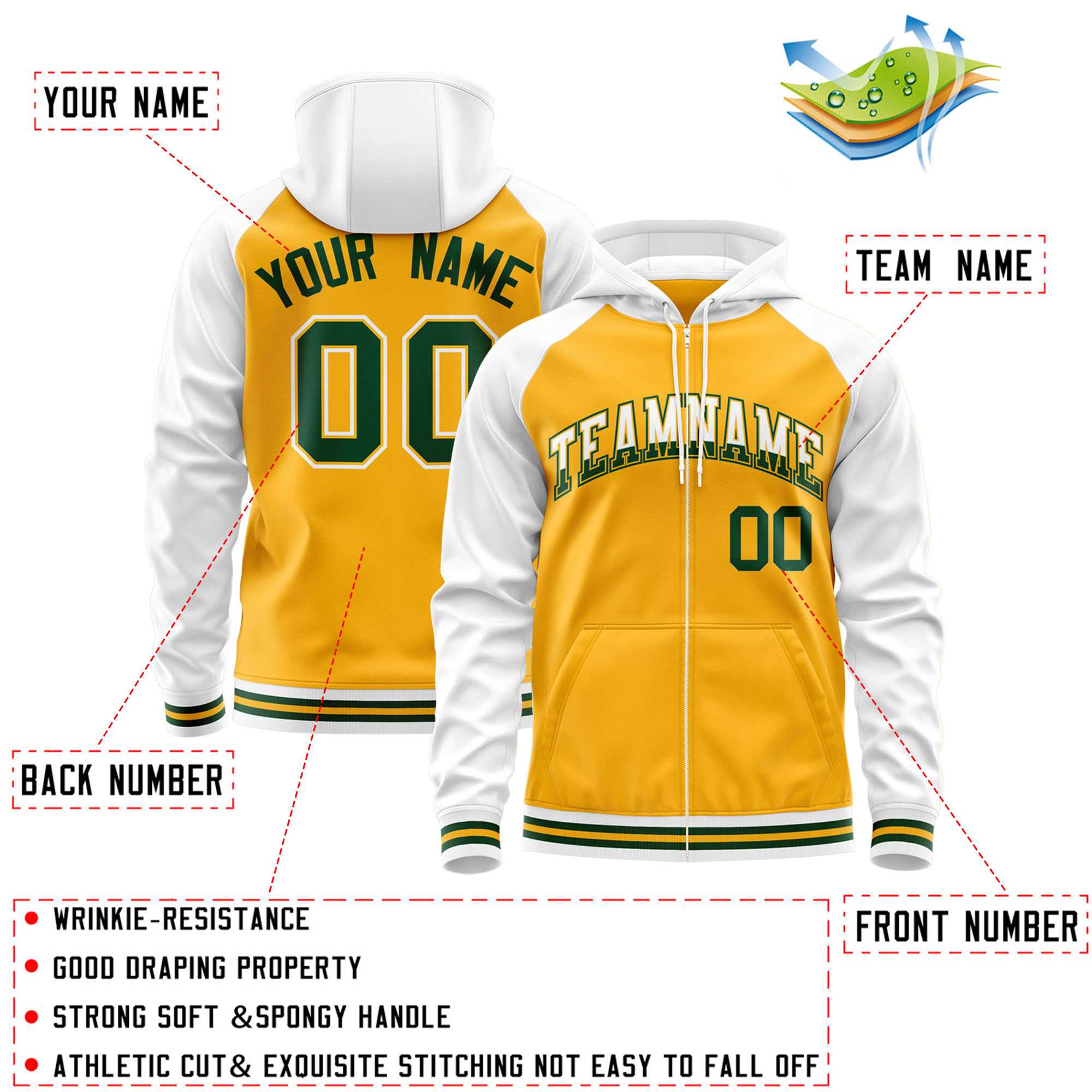 Custom Stitched Yellow White Raglan Sleeves Sports Full-Zip Sweatshirt Hoodie