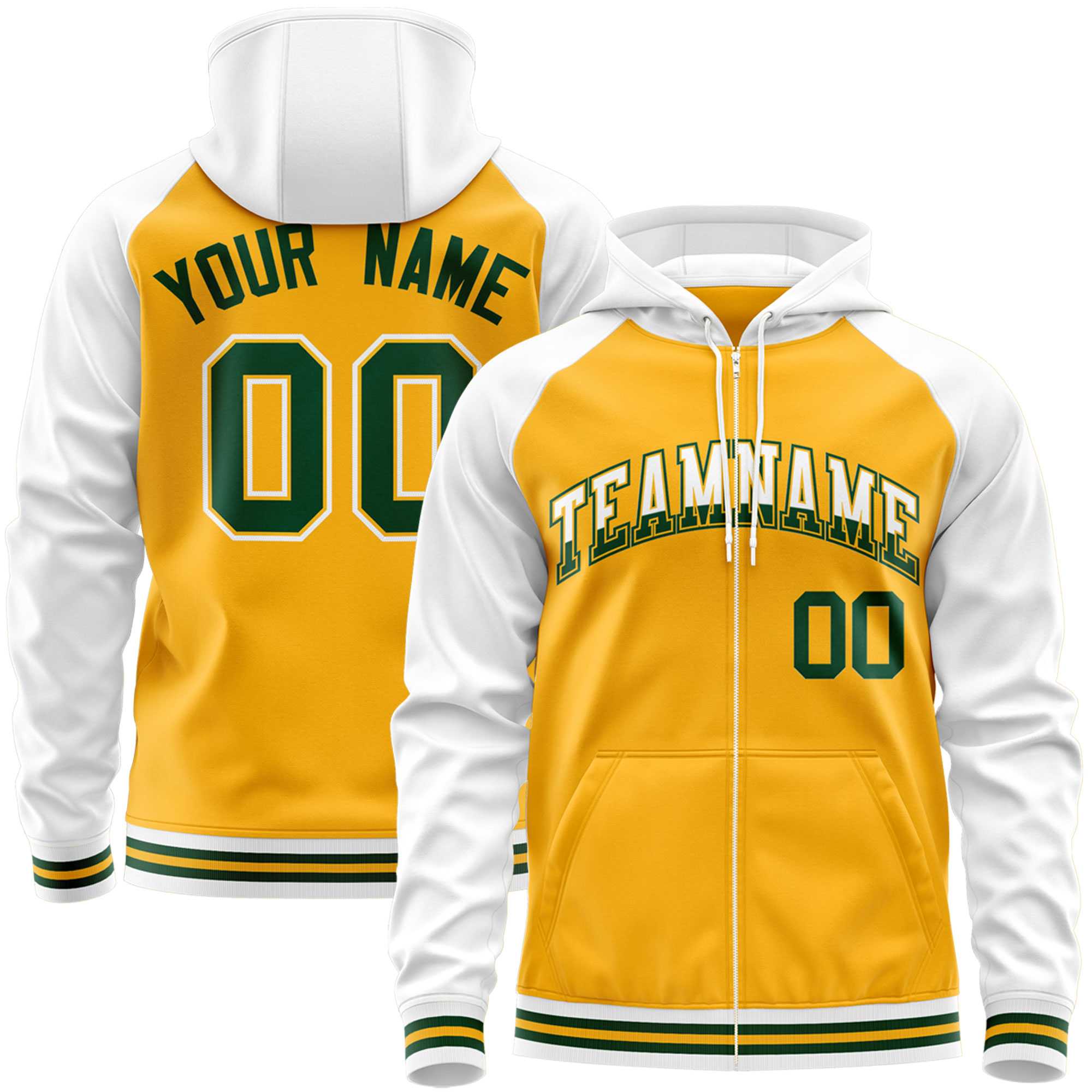 Custom Stitched Yellow White Raglan Sleeves Sports Full-Zip Sweatshirt Hoodie