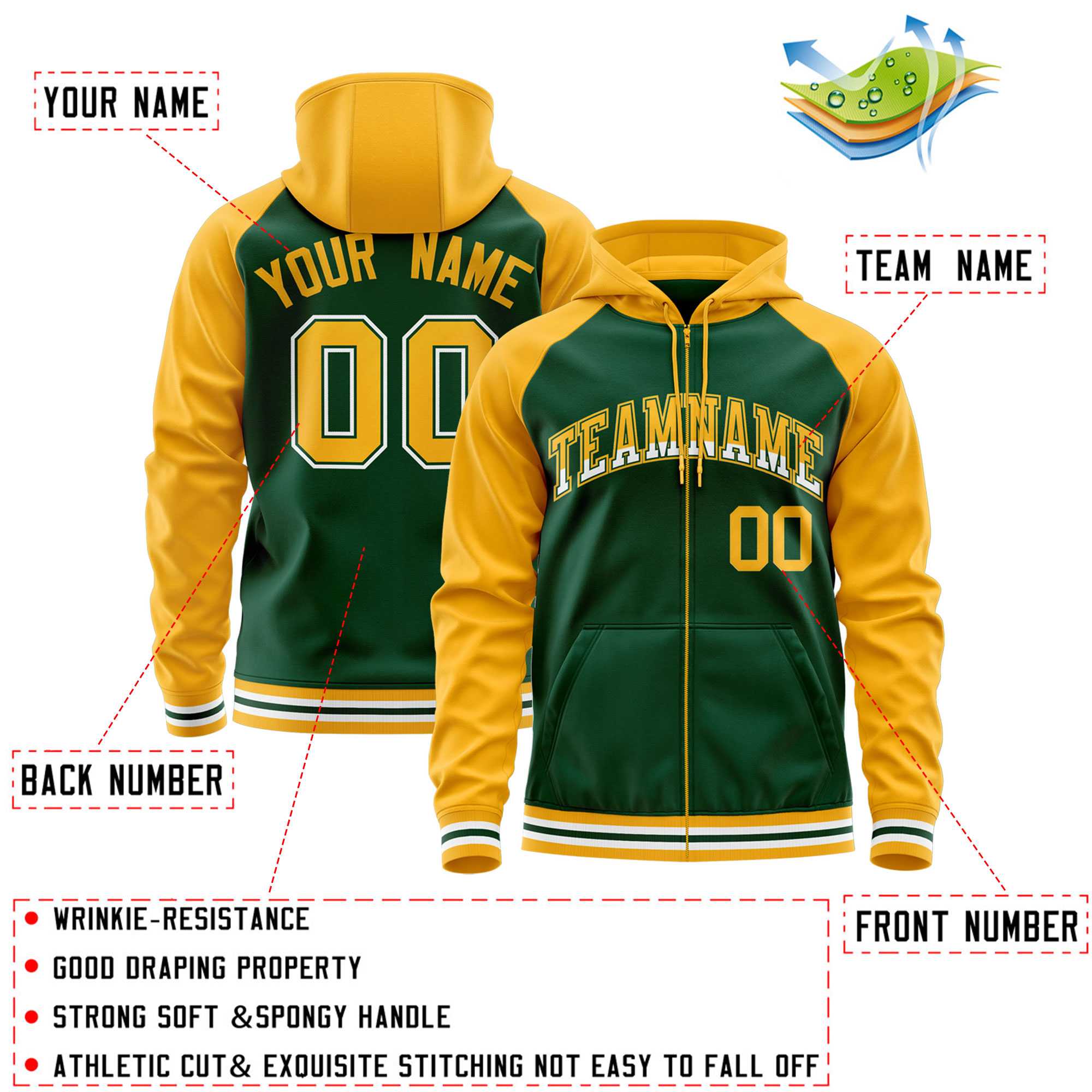 Custom Stitched Green Yellow Raglan Sleeves Sports Full-Zip Sweatshirt Hoodie