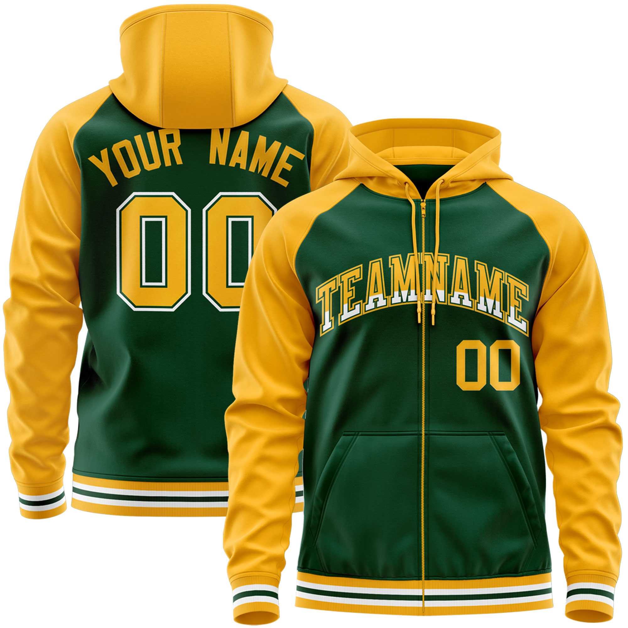 Custom Stitched Green Yellow Raglan Sleeves Sports Full-Zip Sweatshirt Hoodie