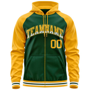 Custom Stitched Green Yellow Raglan Sleeves Sports Full-Zip Sweatshirt Hoodie