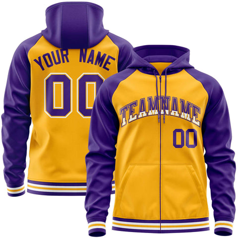 Custom Stitched Yellow Purple Raglan Sleeves Sports Full-Zip Sweatshirt Hoodie