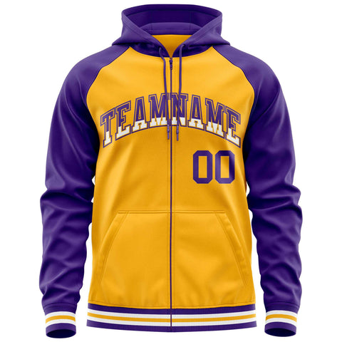 Custom Stitched Yellow Purple Raglan Sleeves Sports Full-Zip Sweatshirt Hoodie