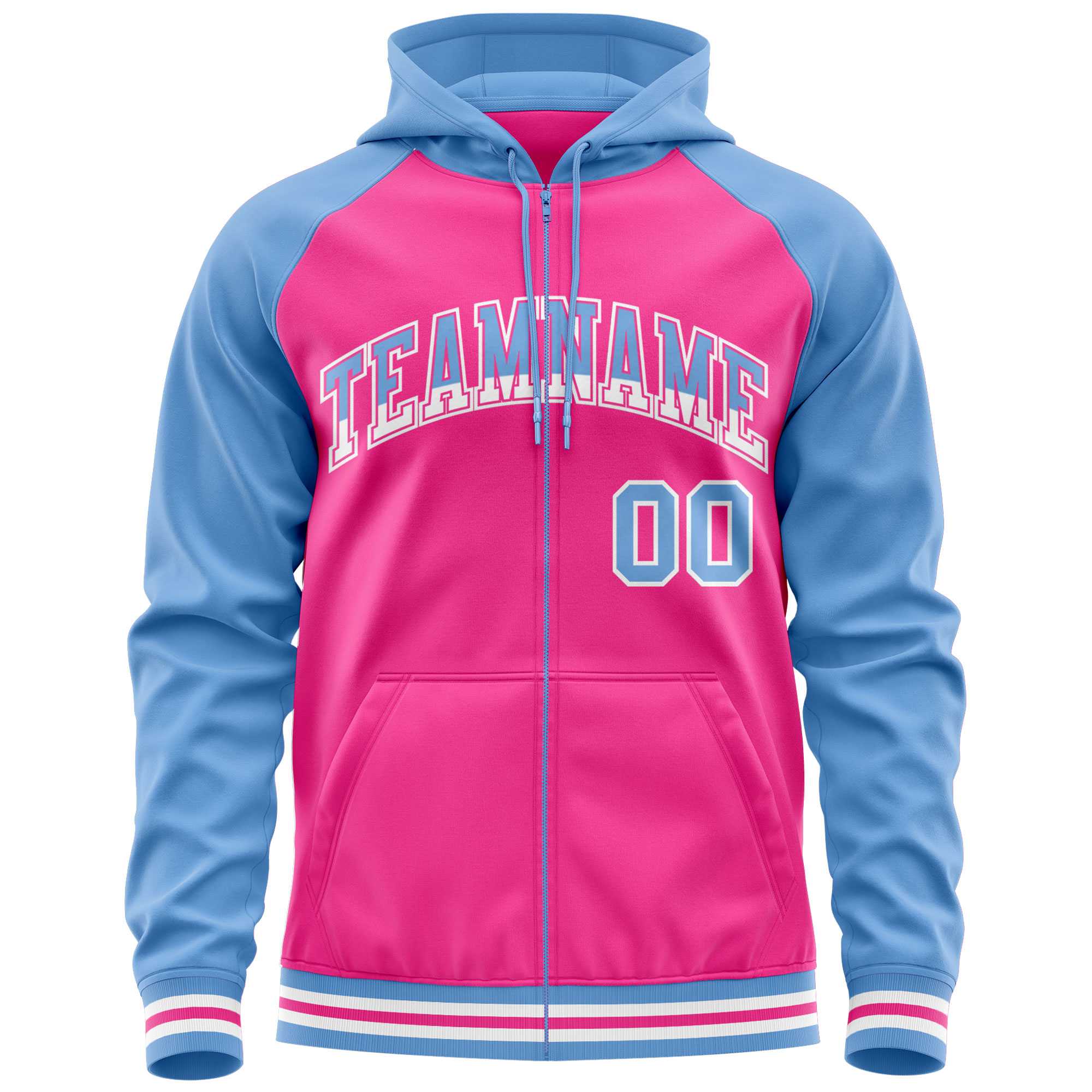 Custom Stitched Pink Powder Blue Raglan Sleeves Sports Full-Zip Sweatshirt Hoodie