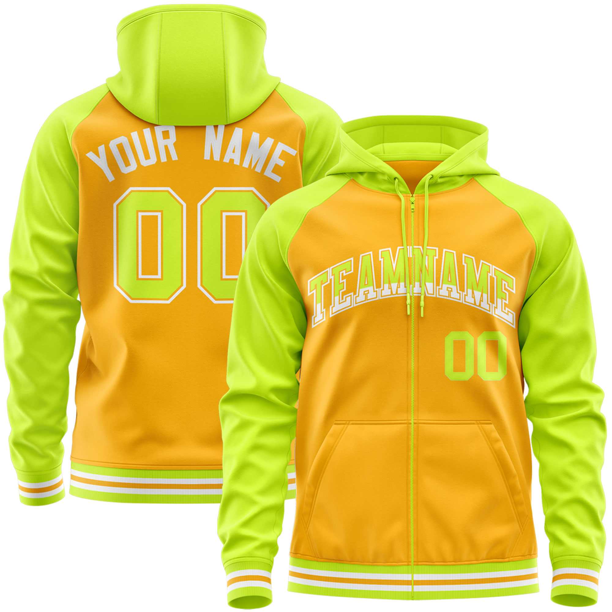 Custom Stitched Yellow Neon Green Raglan Sleeves Sports Full-Zip Sweatshirt Hoodie