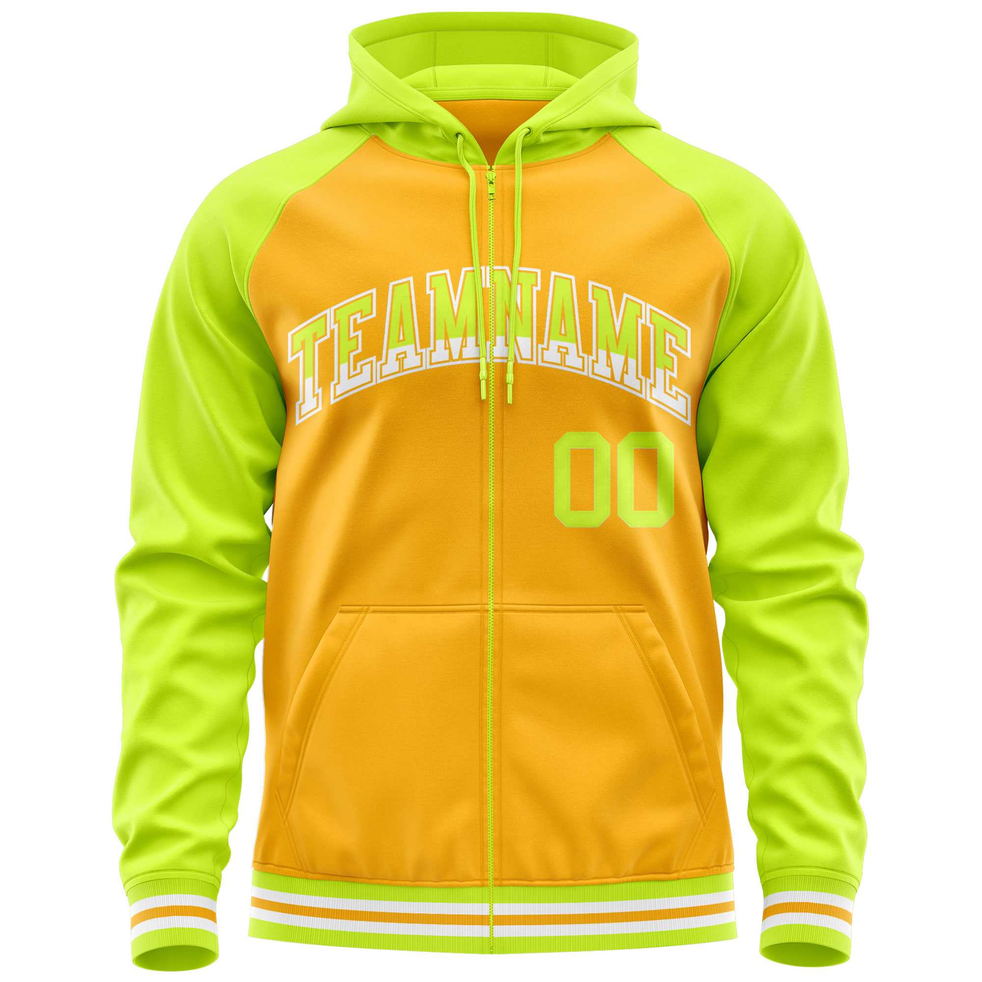 Custom Stitched Yellow Neon Green Raglan Sleeves Sports Full-Zip Sweatshirt Hoodie