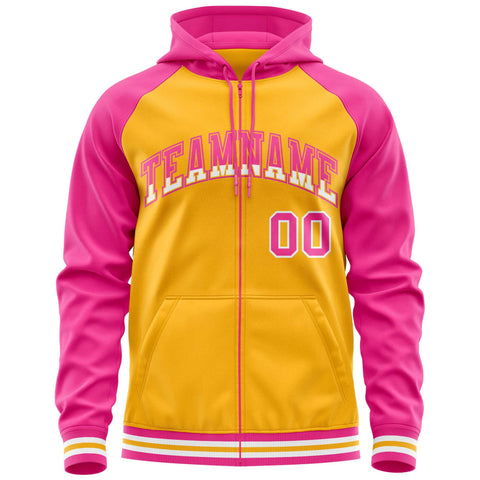 Custom Stitched Yellow Pink Raglan Sleeves Sports Full-Zip Sweatshirt Hoodie