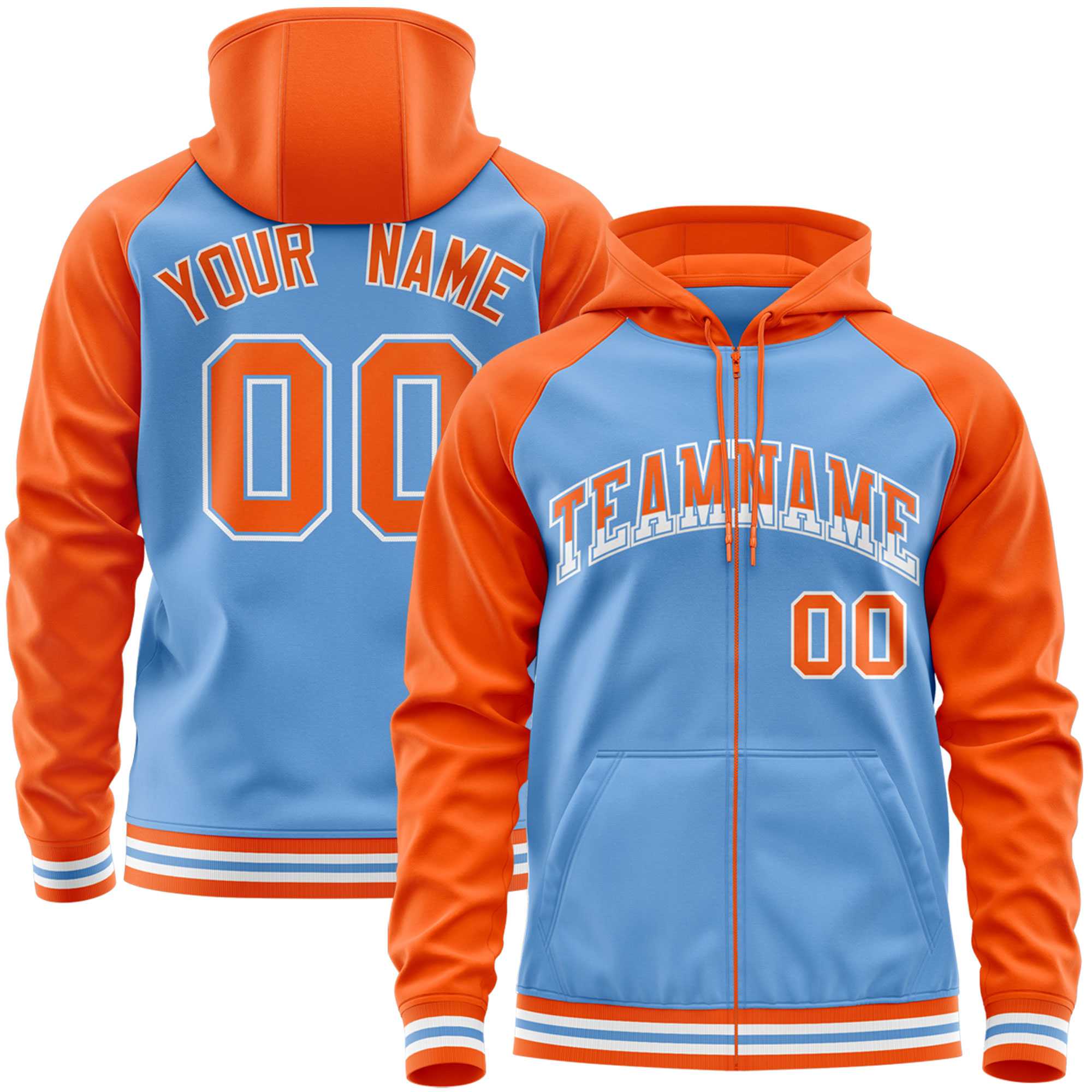 Custom Stitched Powder Blue Orange Raglan Sleeves Sports Full-Zip Sweatshirt Hoodie