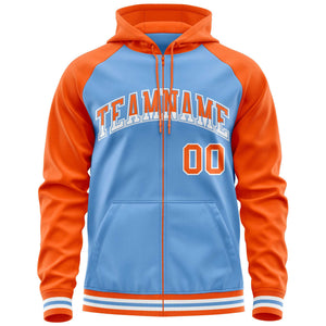 Custom Stitched Powder Blue Orange Raglan Sleeves Sports Full-Zip Sweatshirt Hoodie