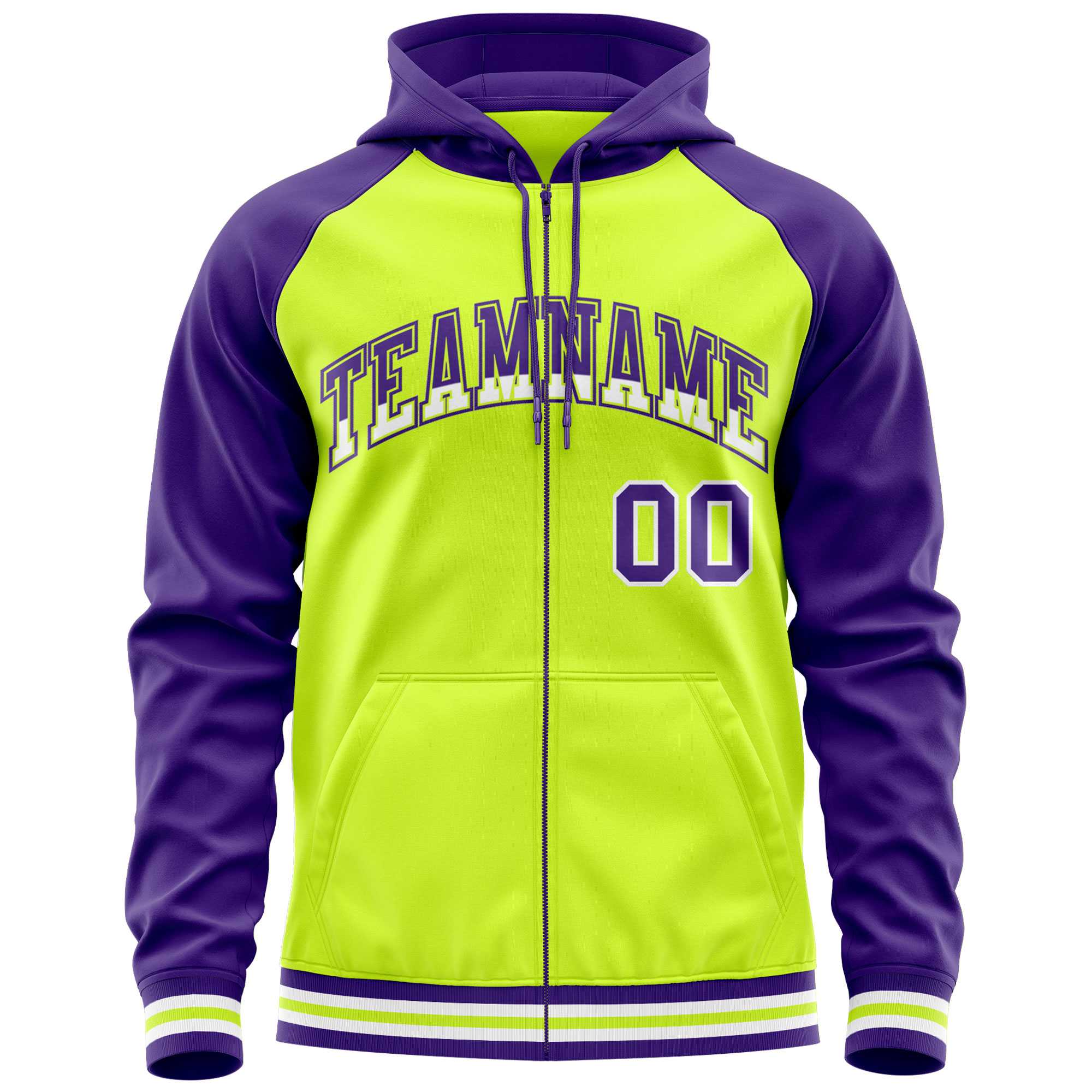 Custom Stitched Neon Green Purple Raglan Sleeves Sports Full-Zip Sweatshirt Hoodie