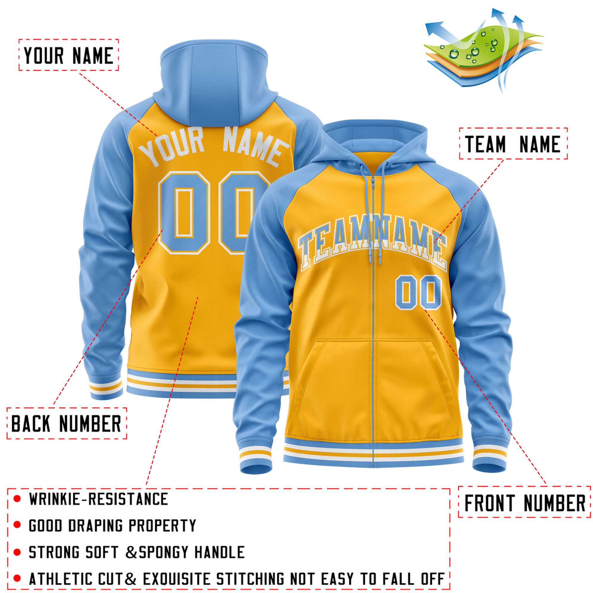 Custom Stitched Yellow Powder Blue Raglan Sleeves Sports Full-Zip Sweatshirt Hoodie