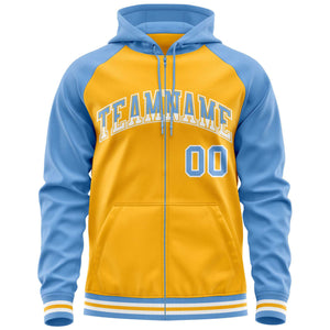 Custom Stitched Yellow Powder Blue Raglan Sleeves Sports Full-Zip Sweatshirt Hoodie