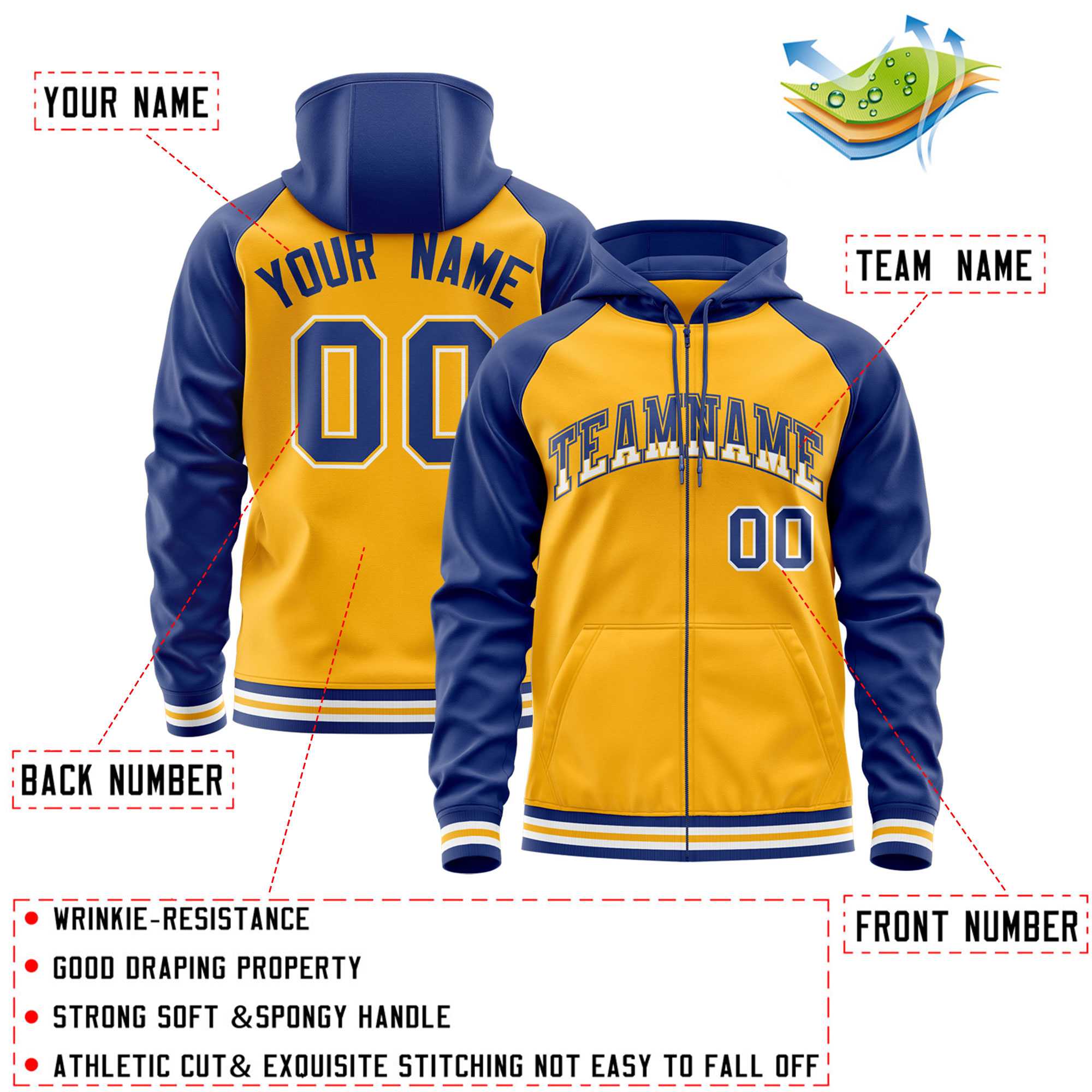 Custom Stitched Yellow Royal Raglan Sleeves Sports Full-Zip Sweatshirt Hoodie