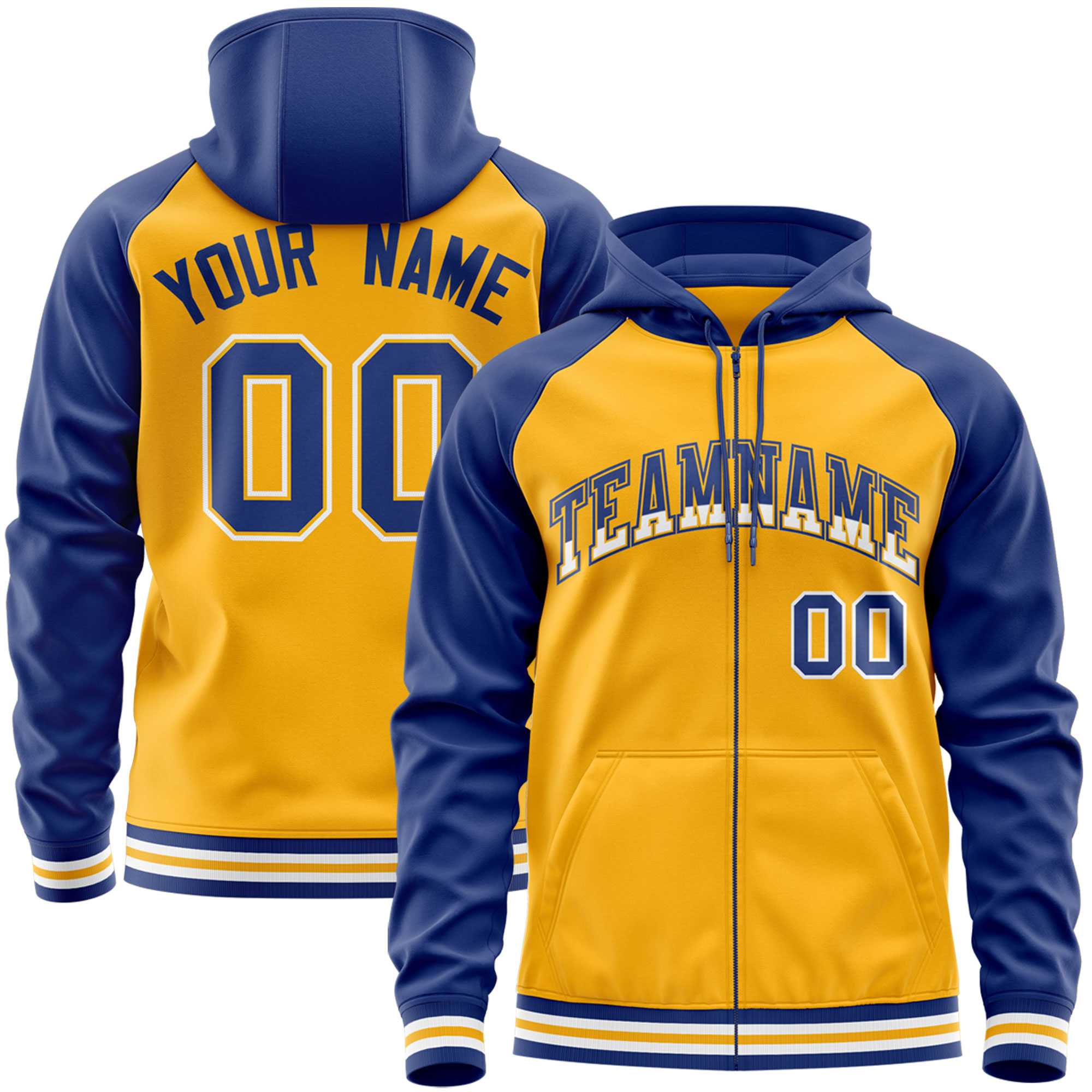 Custom Stitched Yellow Royal Raglan Sleeves Sports Full-Zip Sweatshirt Hoodie