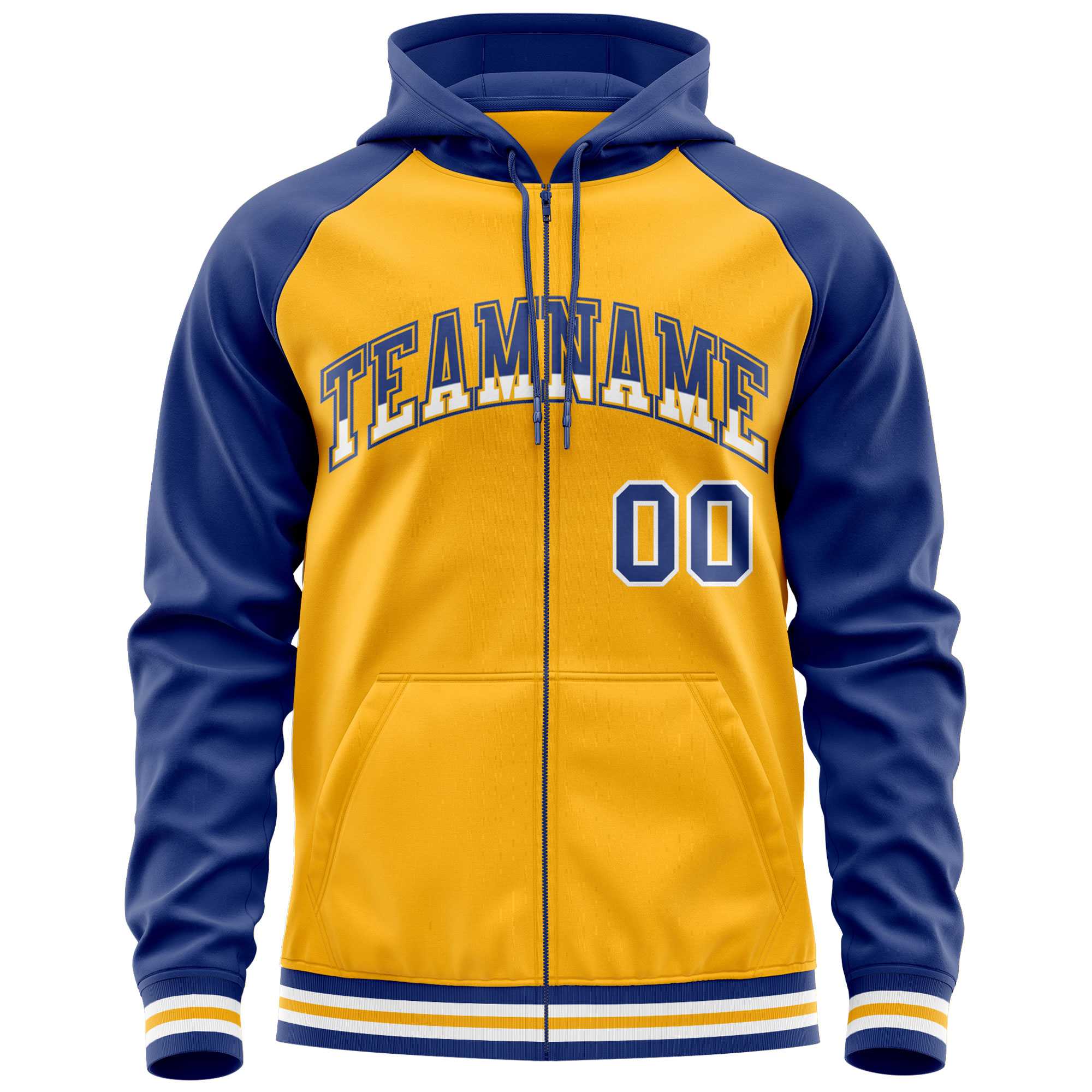 Custom Stitched Yellow Royal Raglan Sleeves Sports Full-Zip Sweatshirt Hoodie