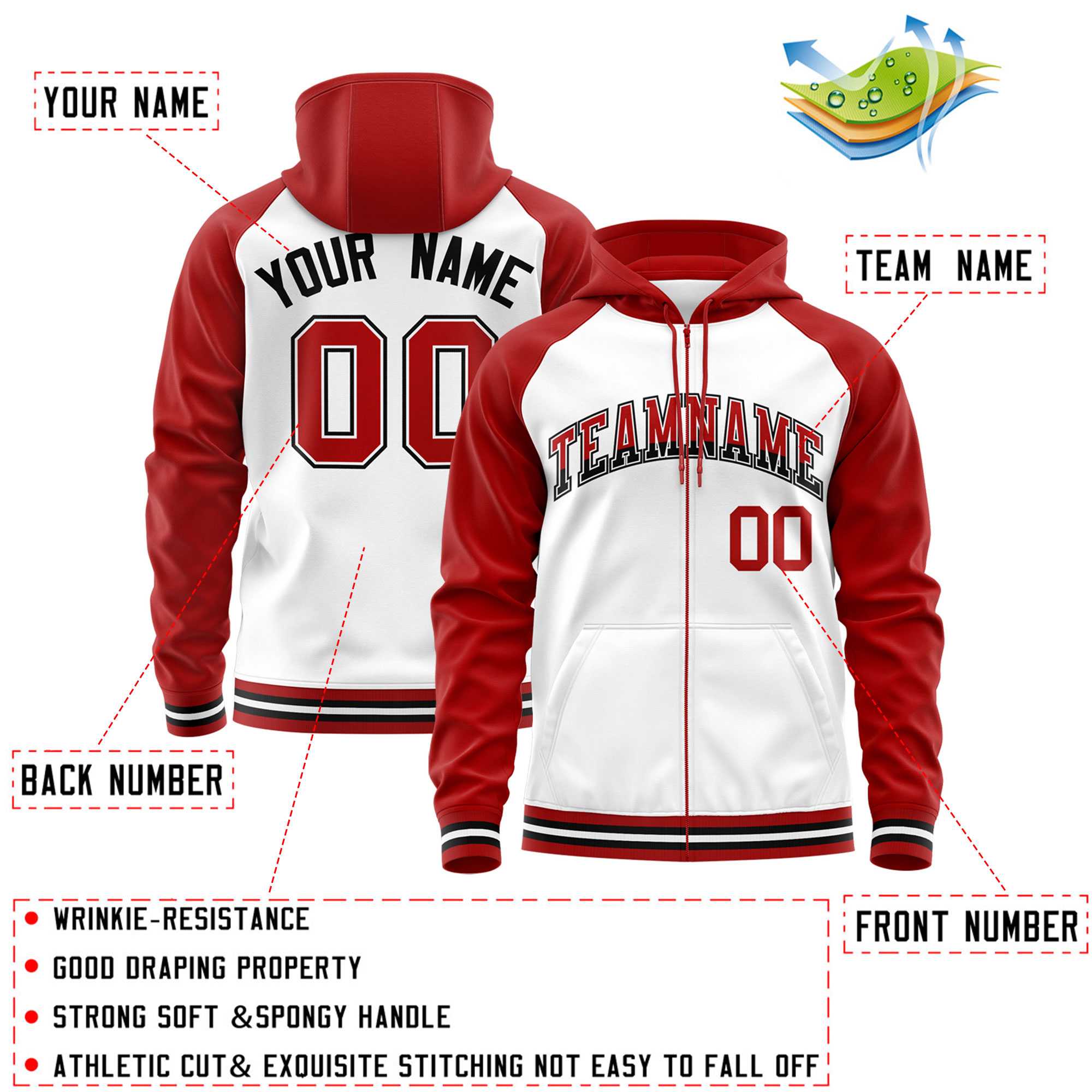 Custom Stitched White Red Raglan Sleeves Sports Full-Zip Sweatshirt Hoodie