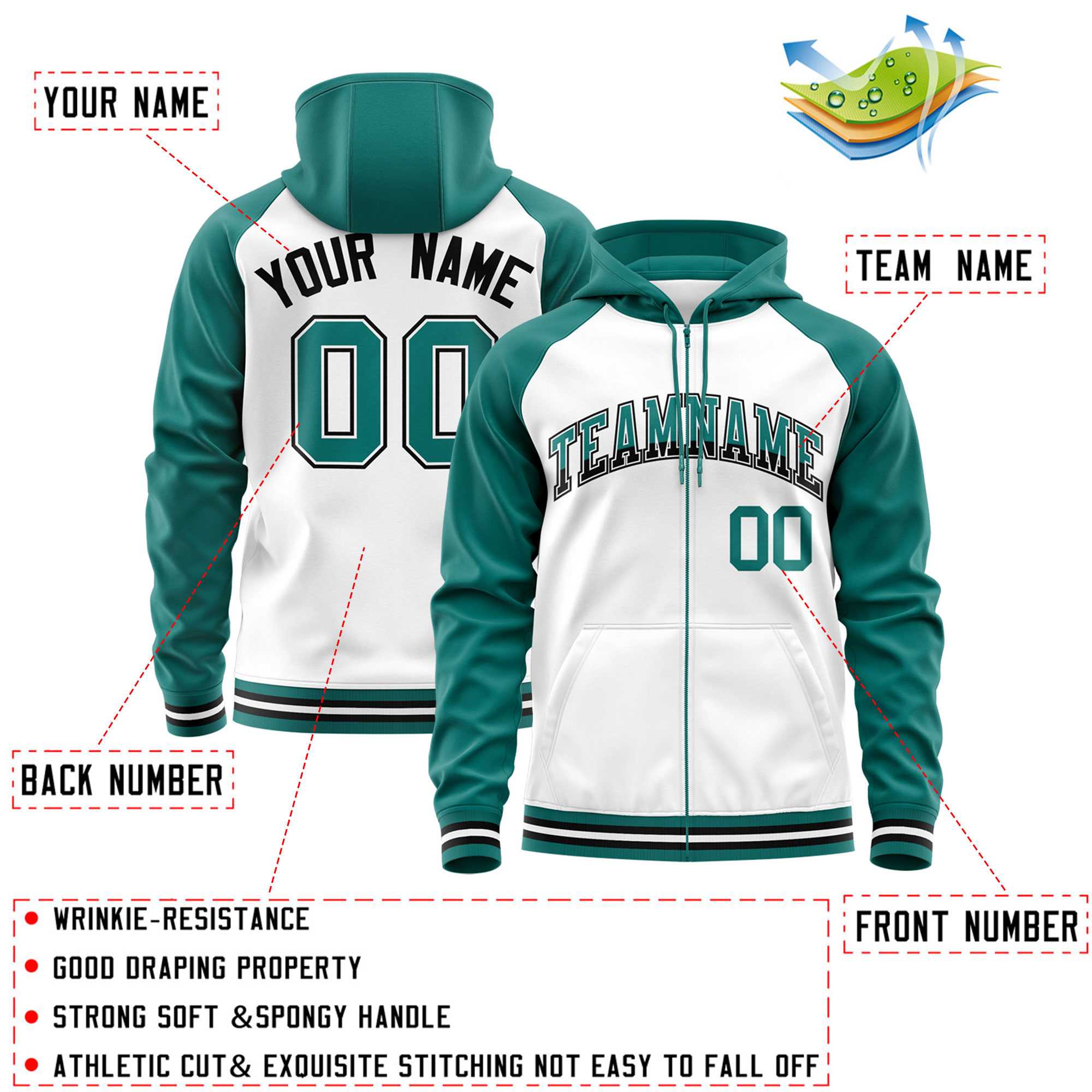 Custom Stitched White Aqua Raglan Sleeves Sports Full-Zip Sweatshirt Hoodie