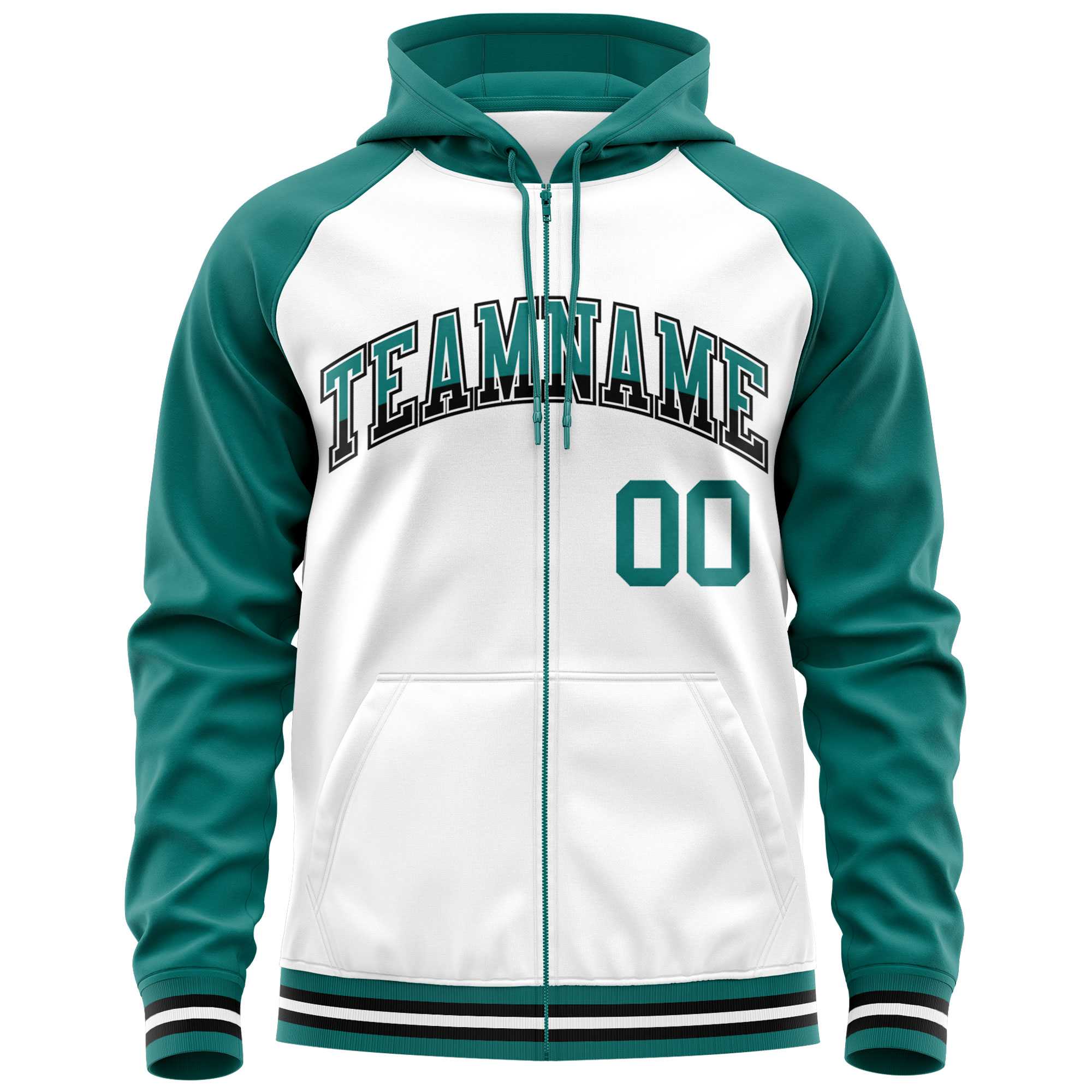 Custom Stitched White Aqua Raglan Sleeves Sports Full-Zip Sweatshirt Hoodie