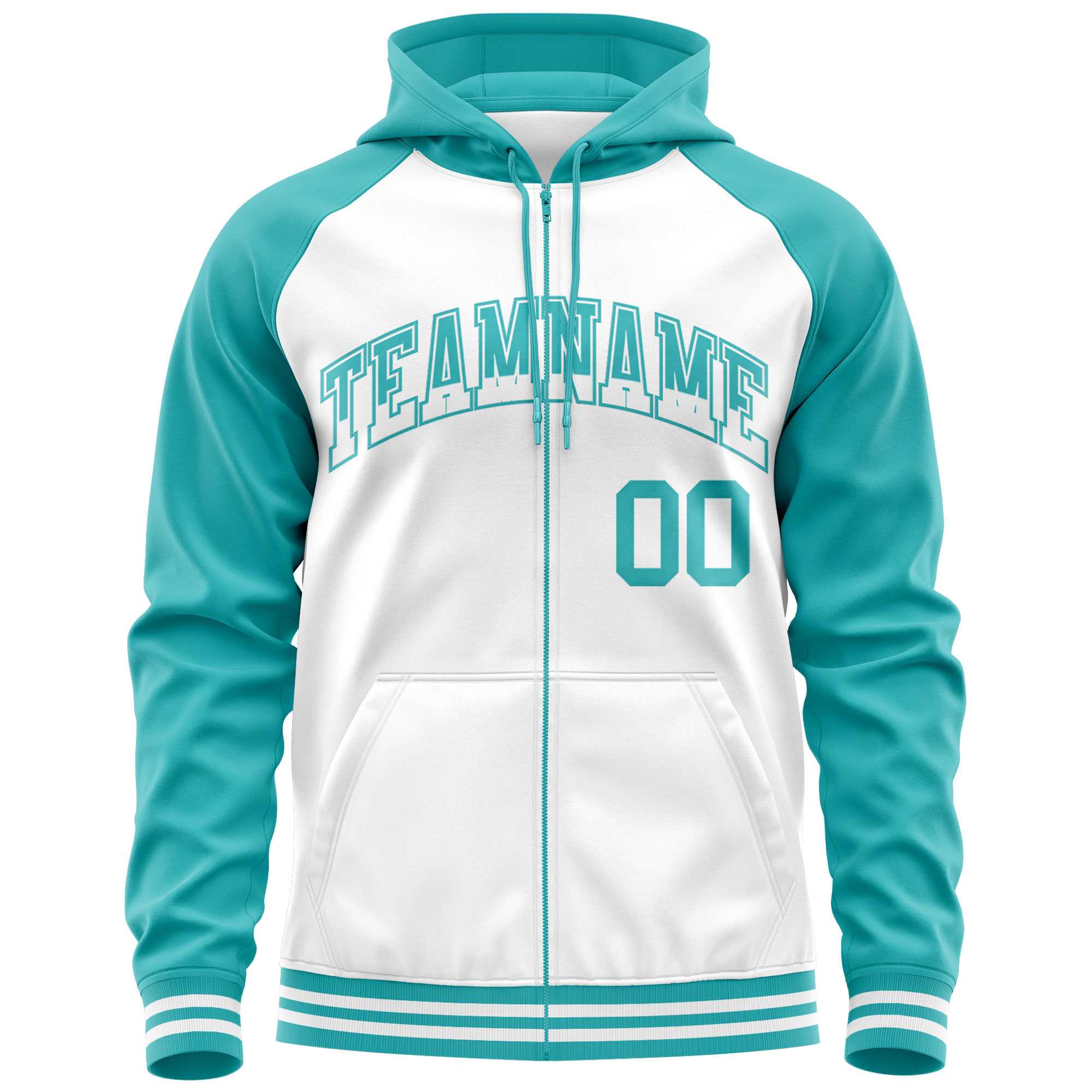 Custom Stitched White Aqua Raglan Sleeves Sports Full-Zip Sweatshirt Hoodie