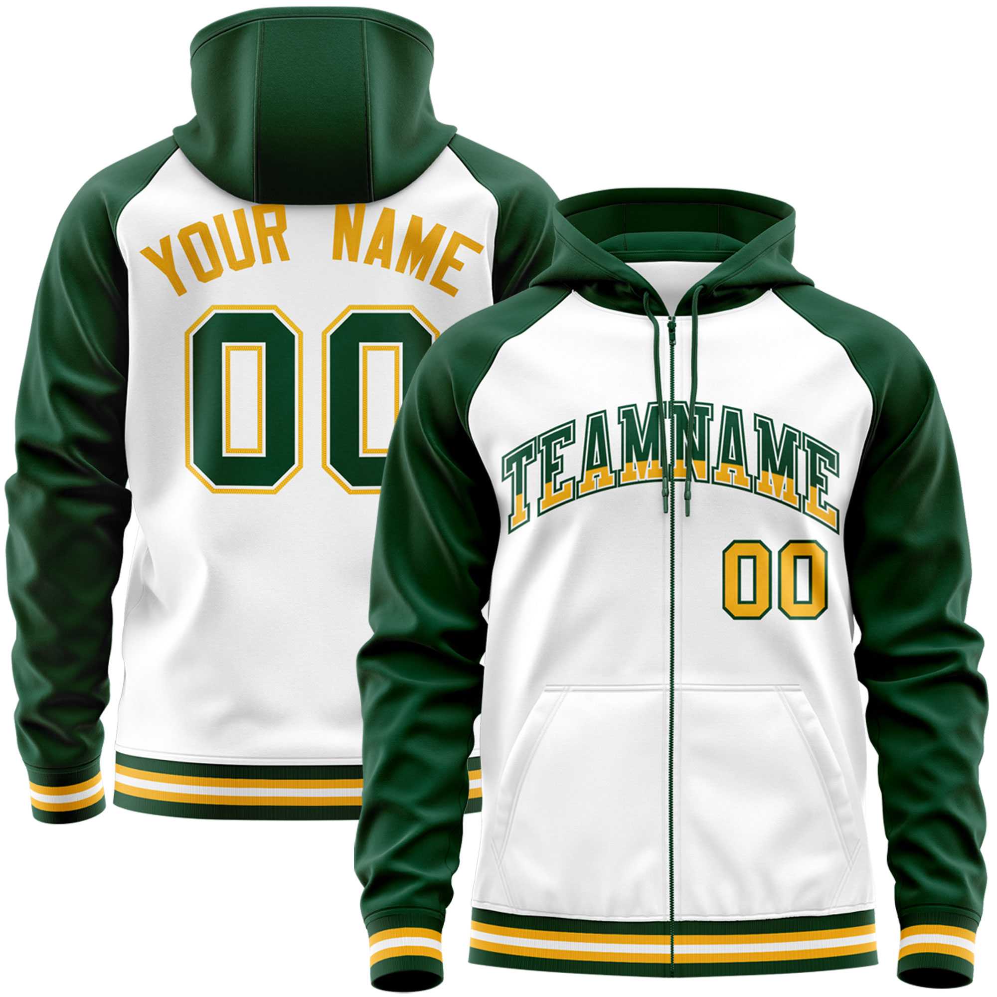 Custom Stitched White Green Raglan Sleeves Sports Full-Zip Sweatshirt Hoodie