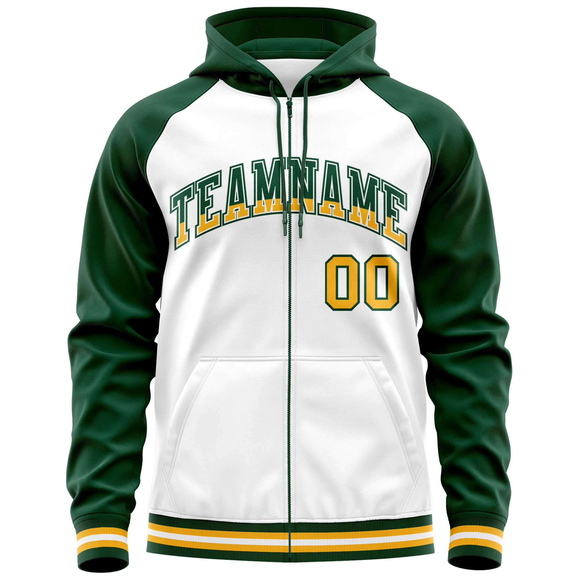 Custom Stitched White Green Raglan Sleeves Sports Full-Zip Sweatshirt Hoodie