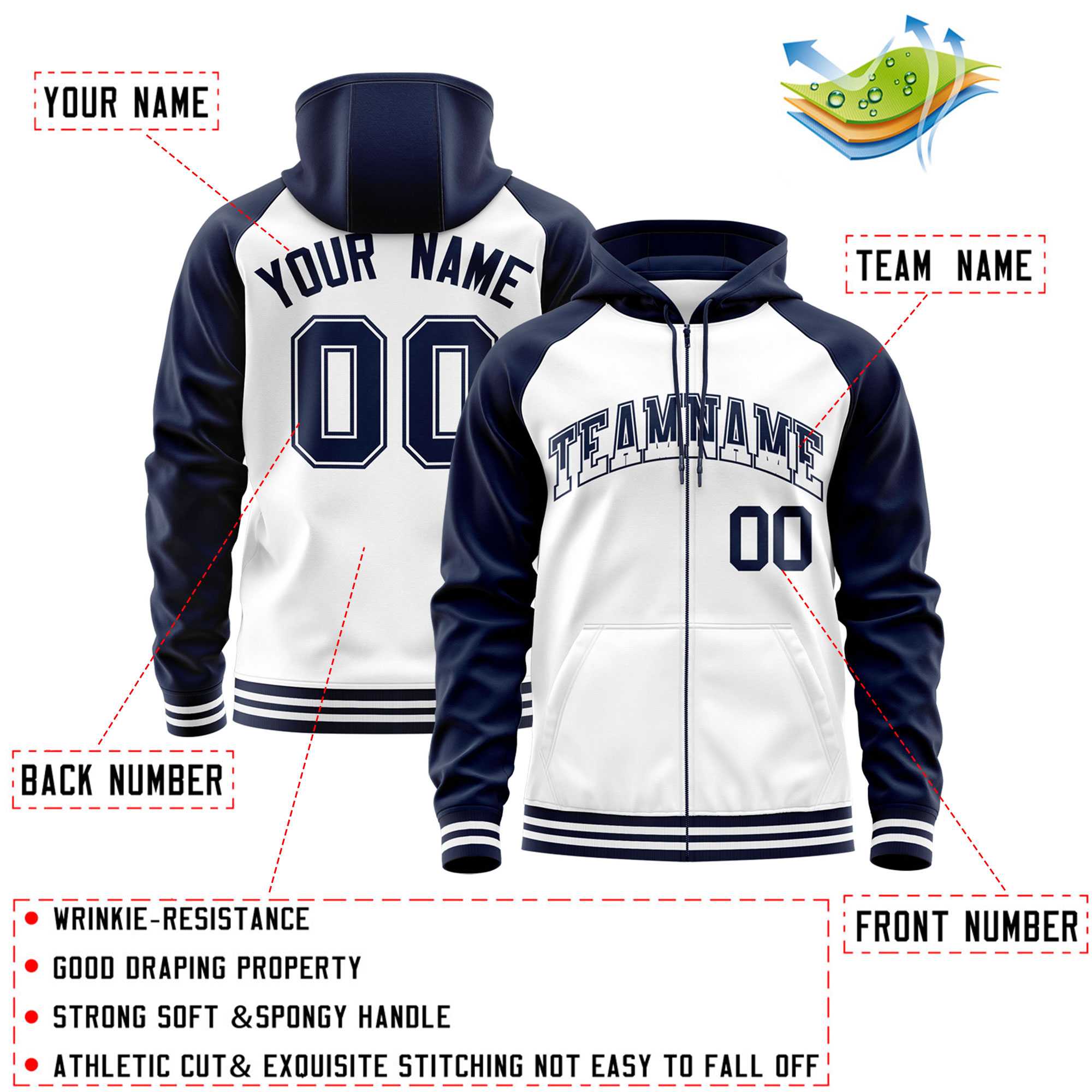 Custom Stitched White Navy Raglan Sleeves Sports Full-Zip Sweatshirt Hoodie