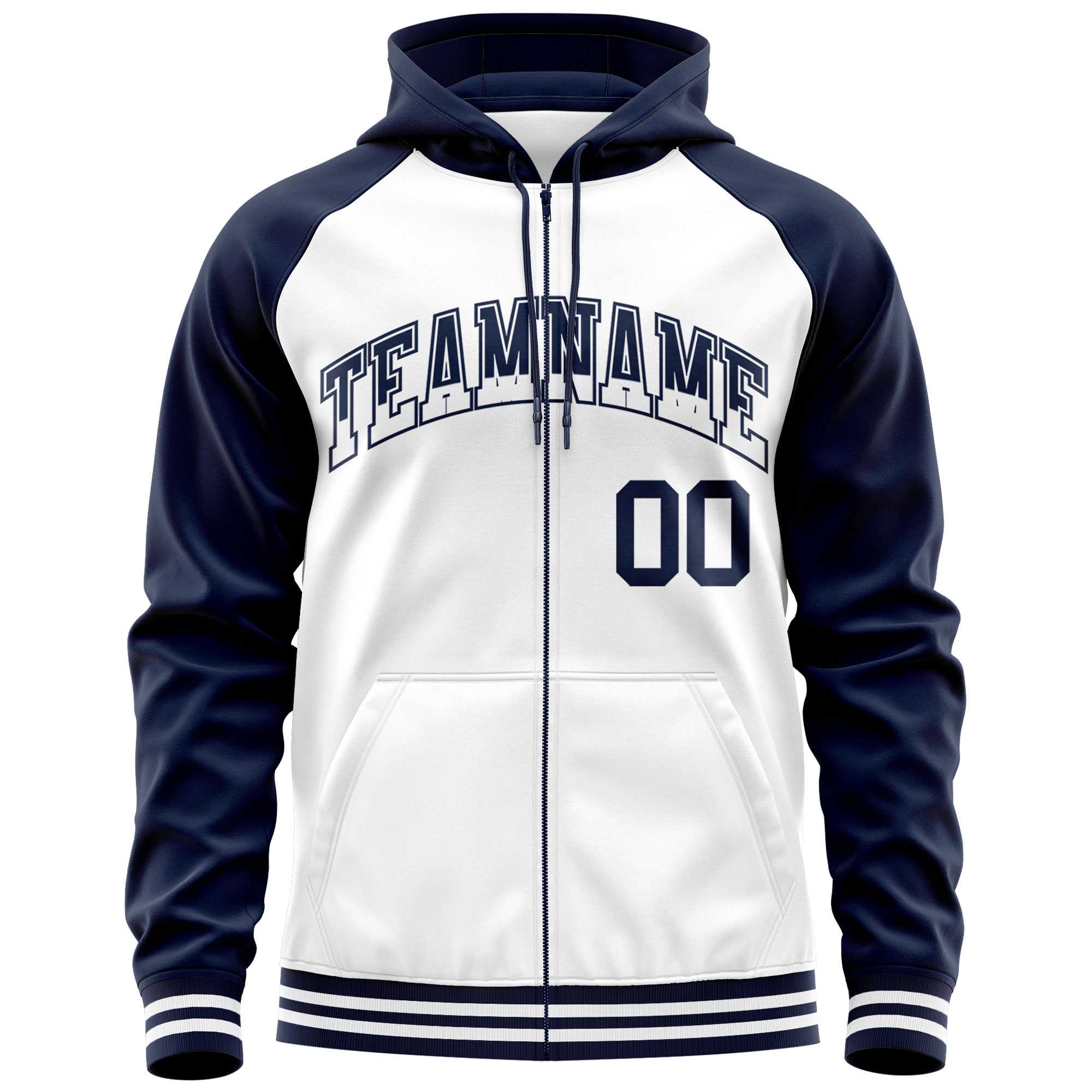 Custom Stitched White Navy Raglan Sleeves Sports Full-Zip Sweatshirt Hoodie