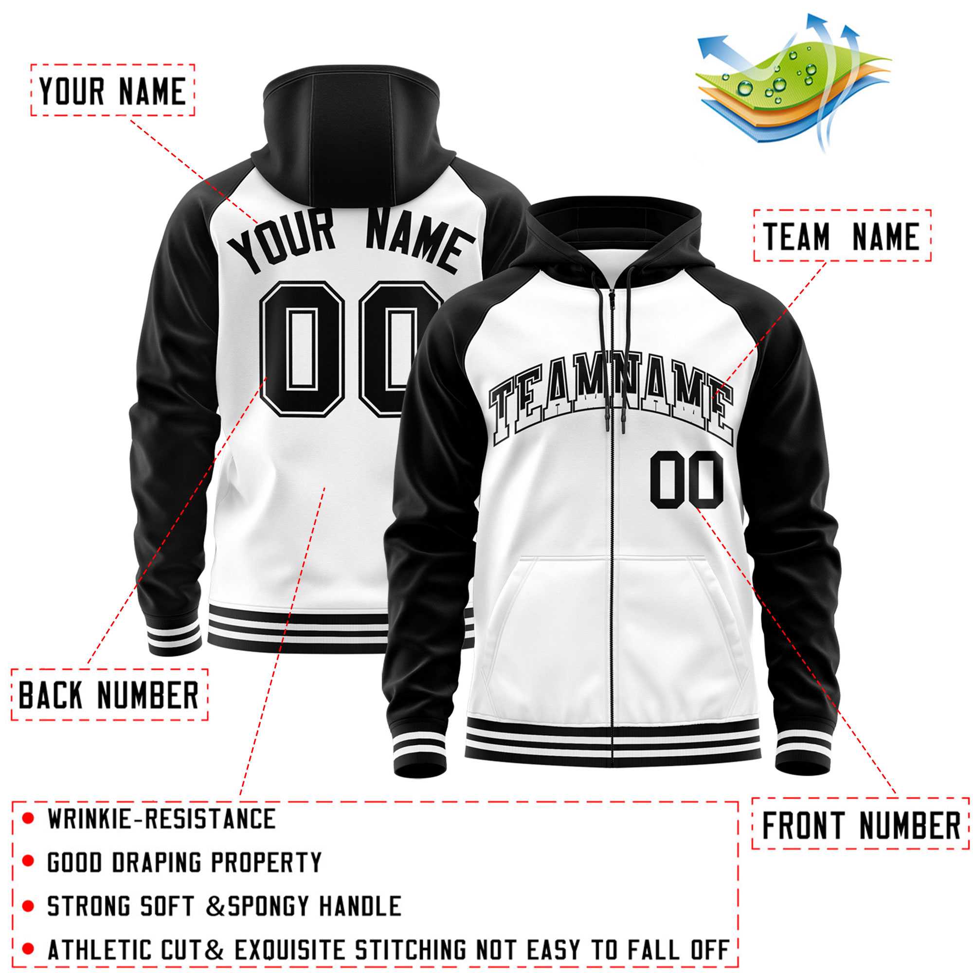 Custom Stitched White Black Raglan Sleeves Sports Full-Zip Sweatshirt Hoodie