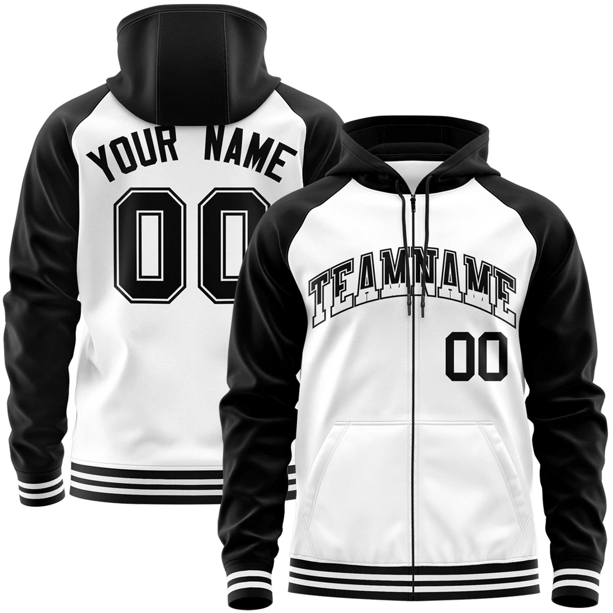 Custom Stitched White Black Raglan Sleeves Sports Full-Zip Sweatshirt Hoodie