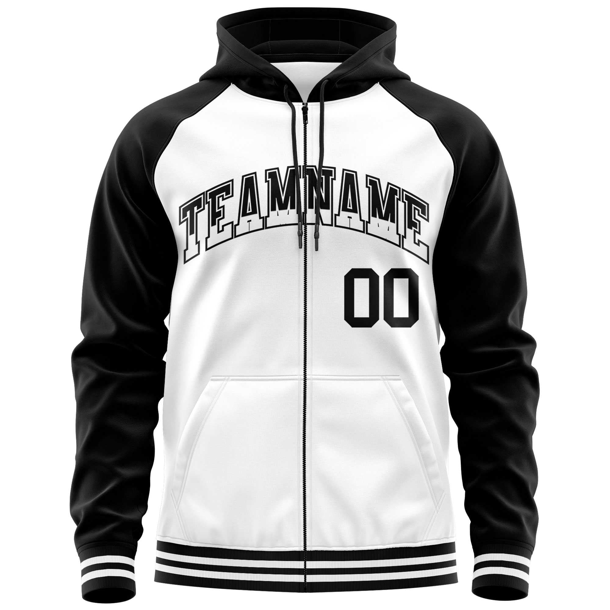 Custom Stitched White Black Raglan Sleeves Sports Full-Zip Sweatshirt Hoodie