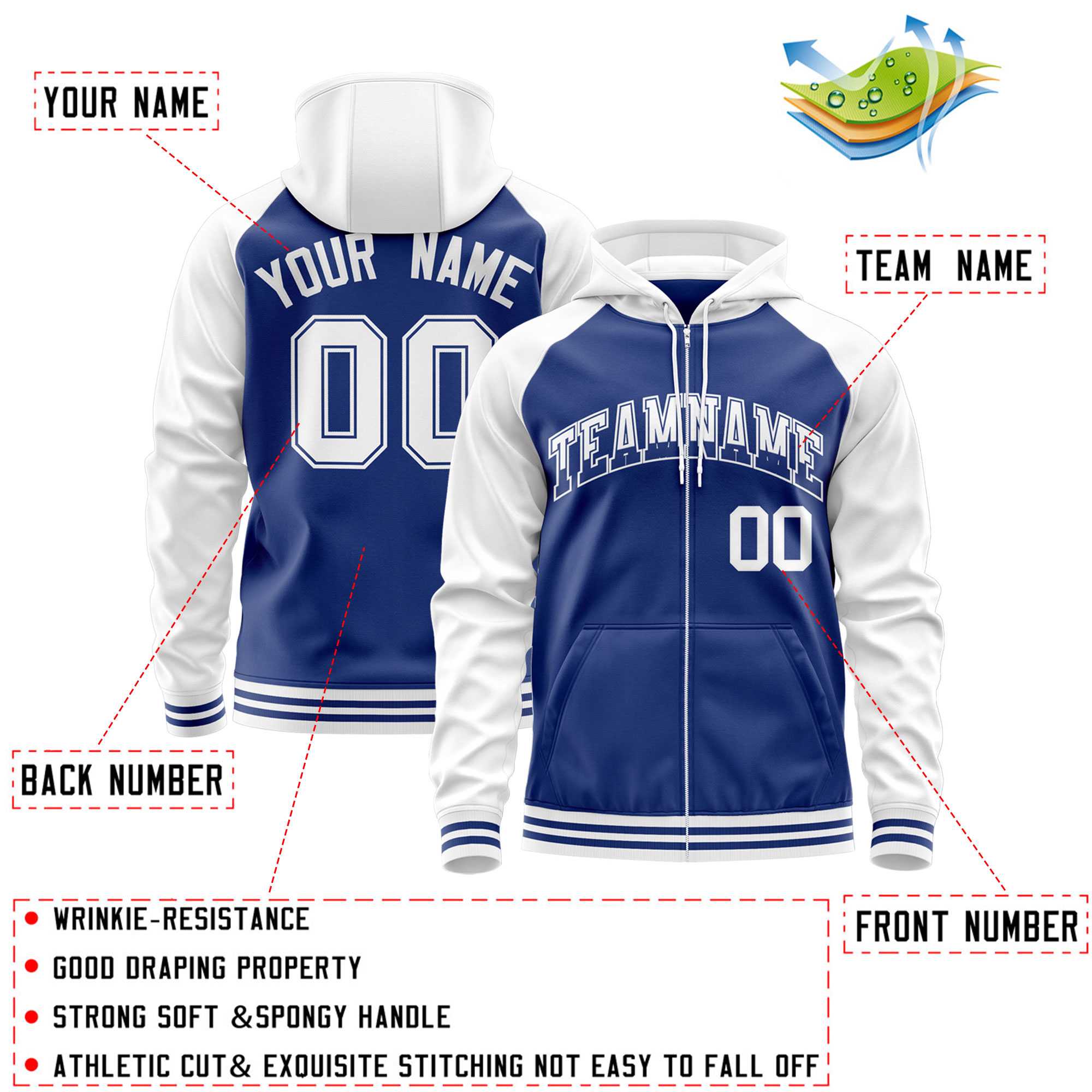 Custom Stitched Royal White Raglan Sleeves Sports Full-Zip Sweatshirt Hoodie